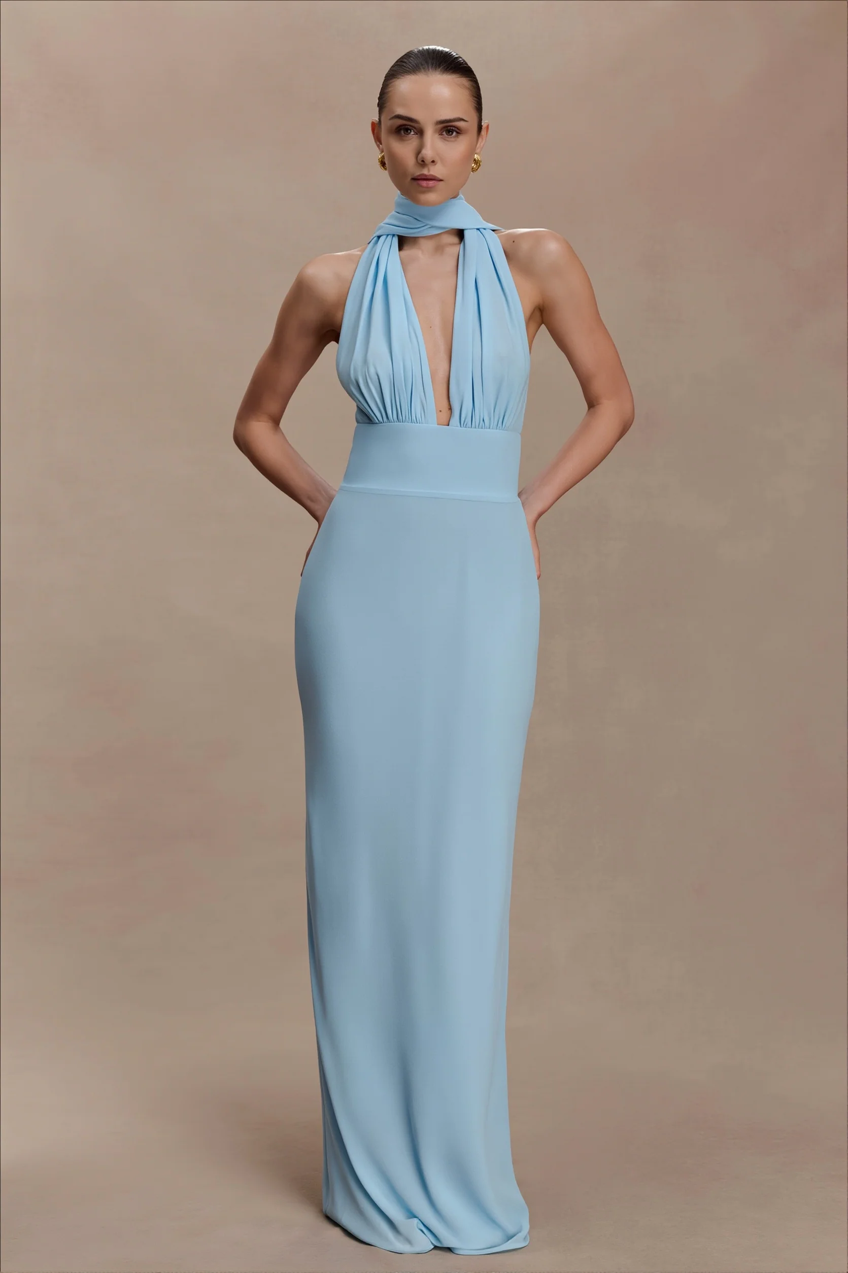 Polka Dot Deep V Tie Bodycon Maxi Dress