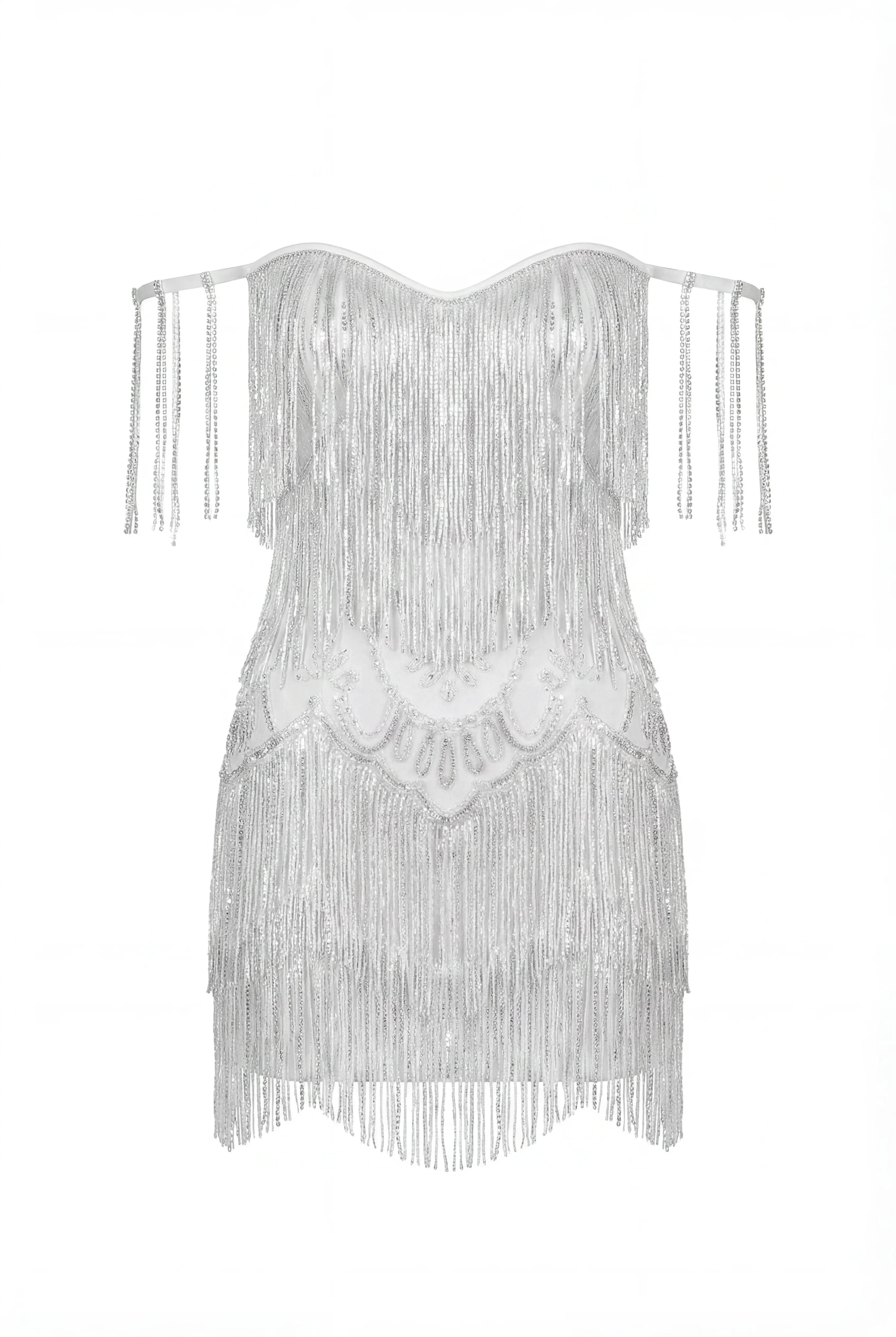 Ivory Mini Dress with Silver Fringe