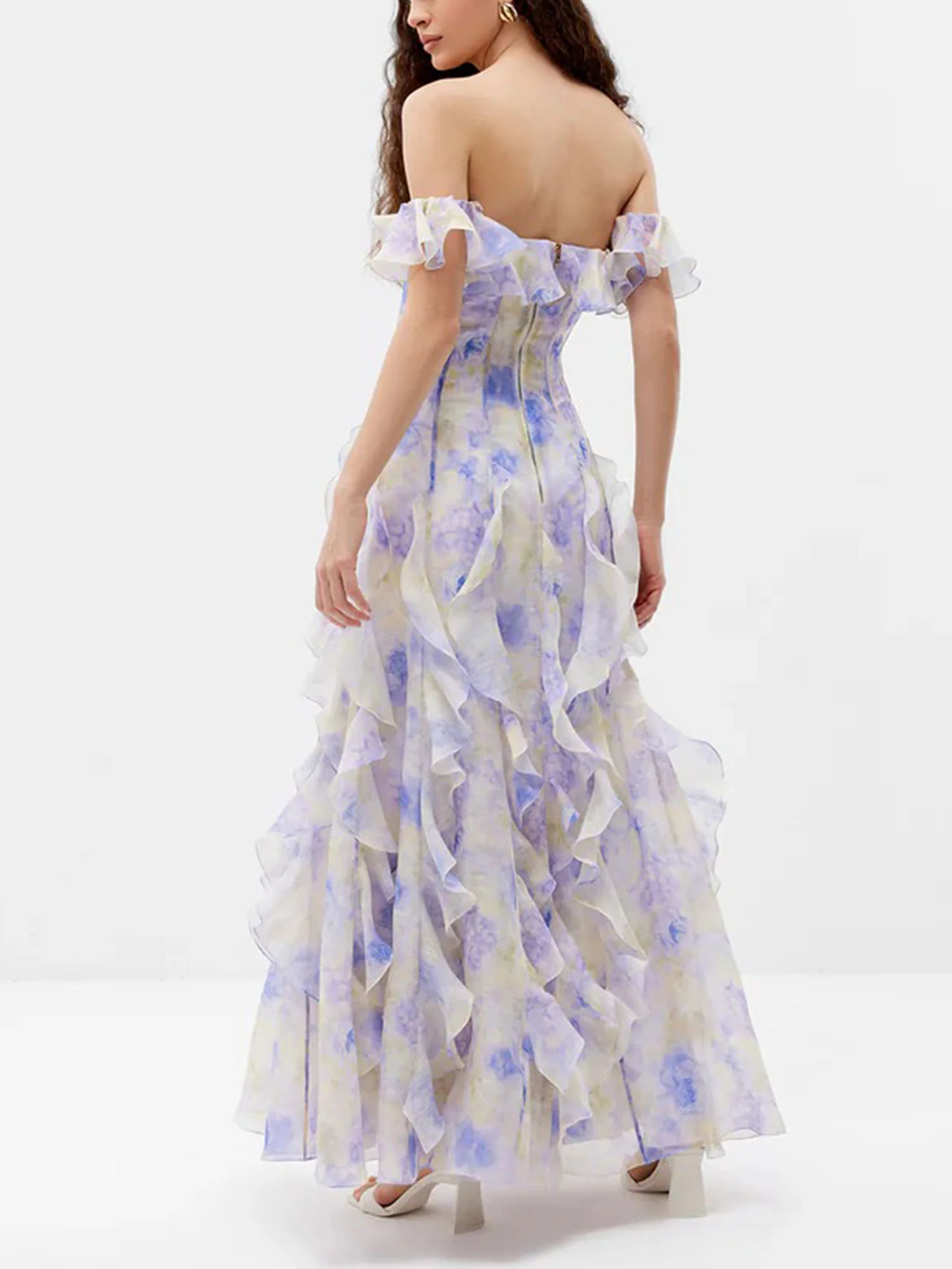 Lilac Off-Shoulder Ruffle Maxi Dress