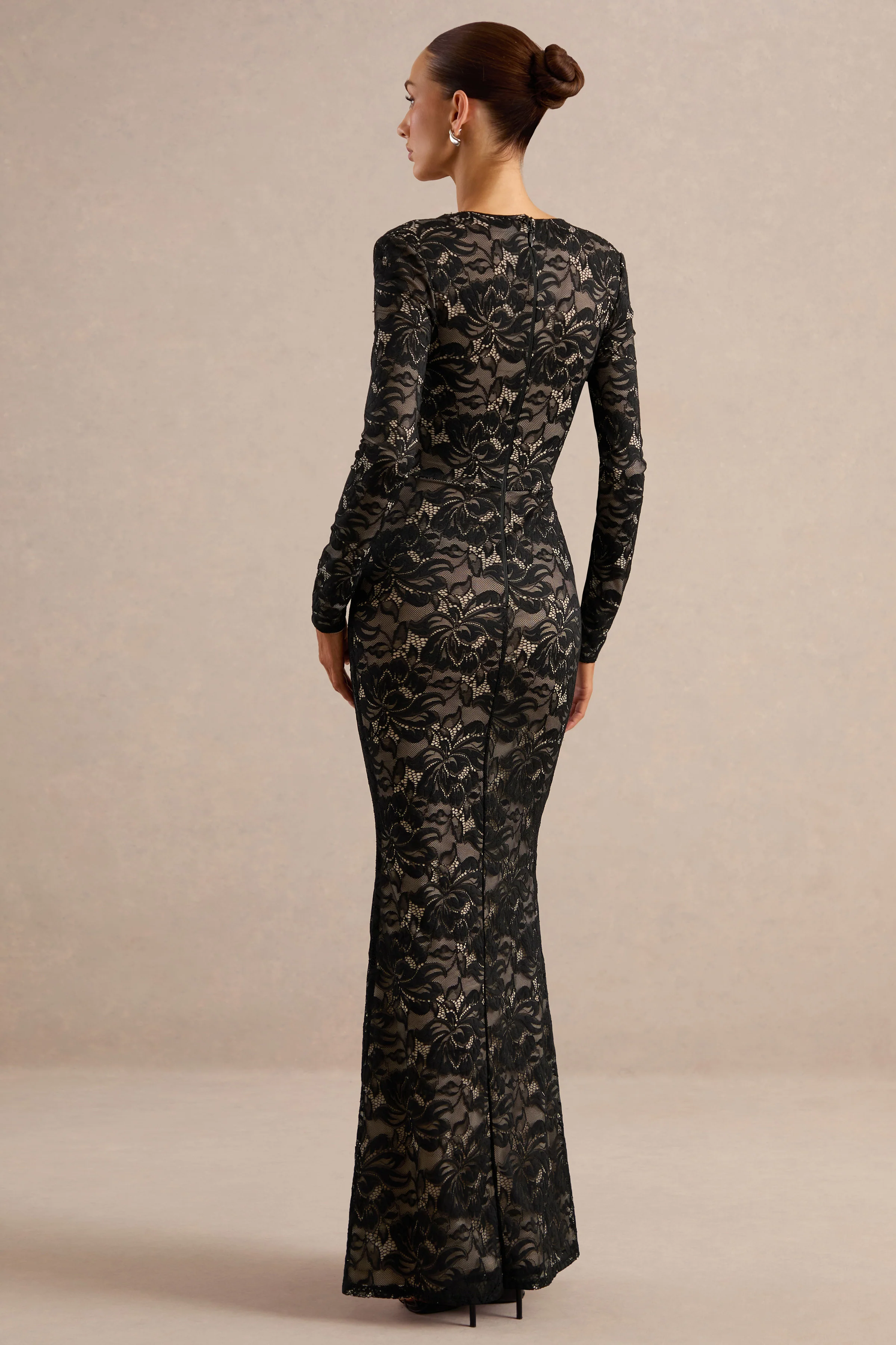 Avorine | Black Lace Plunge Neck Long Sleeve Maxi Dress With Nude Lining