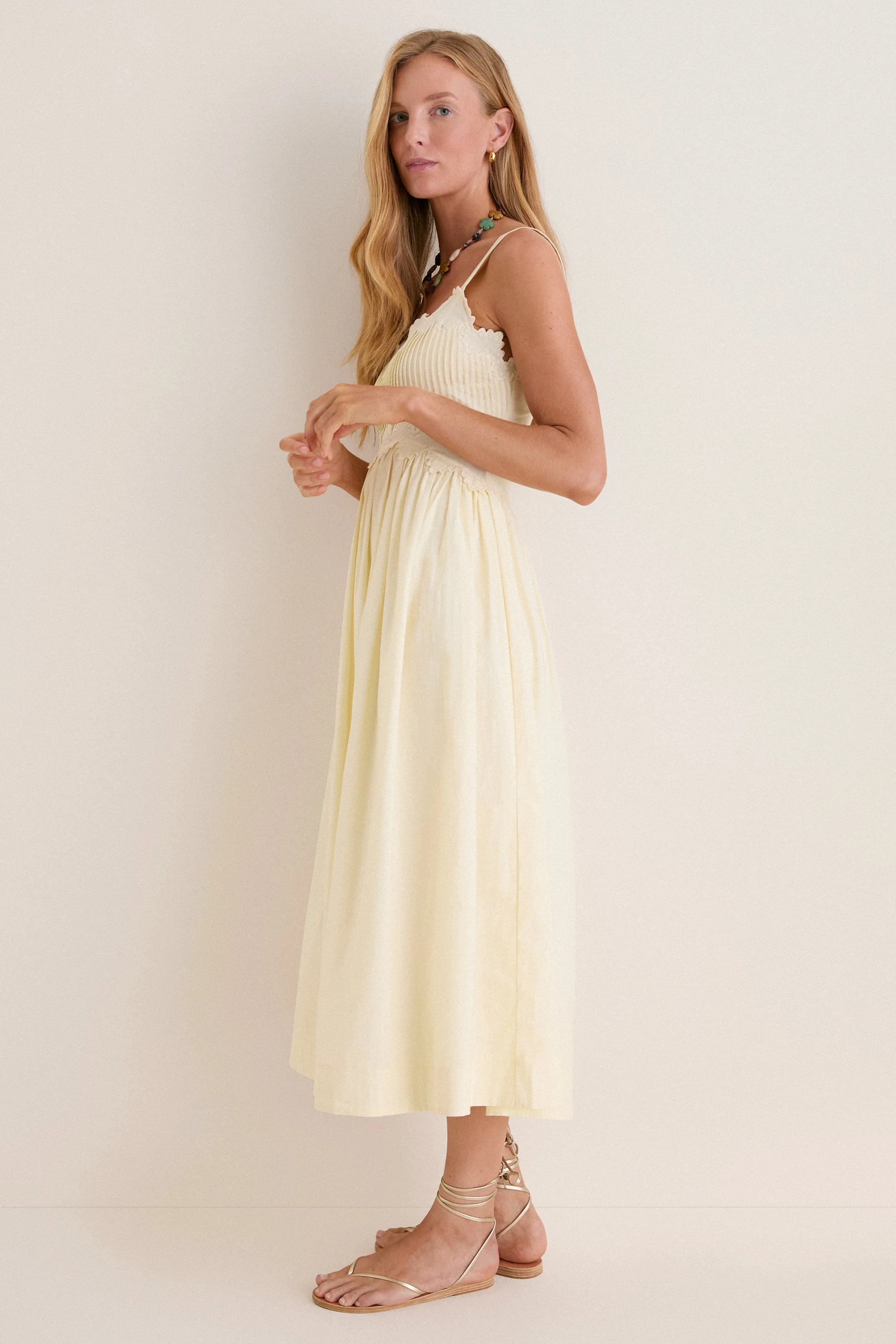 Butter Yellow Embroidered Cotton Midi Dress