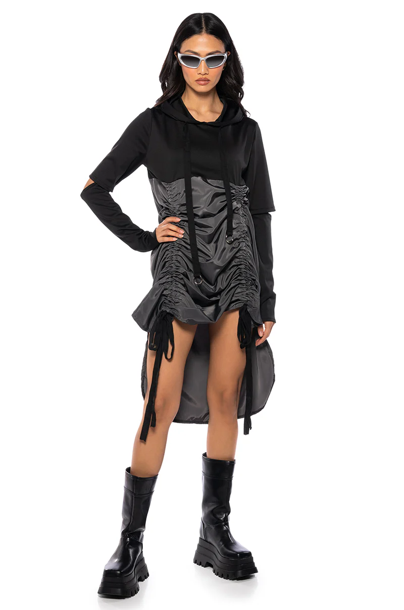 Running Around Cinched Hoodie Dress In Black