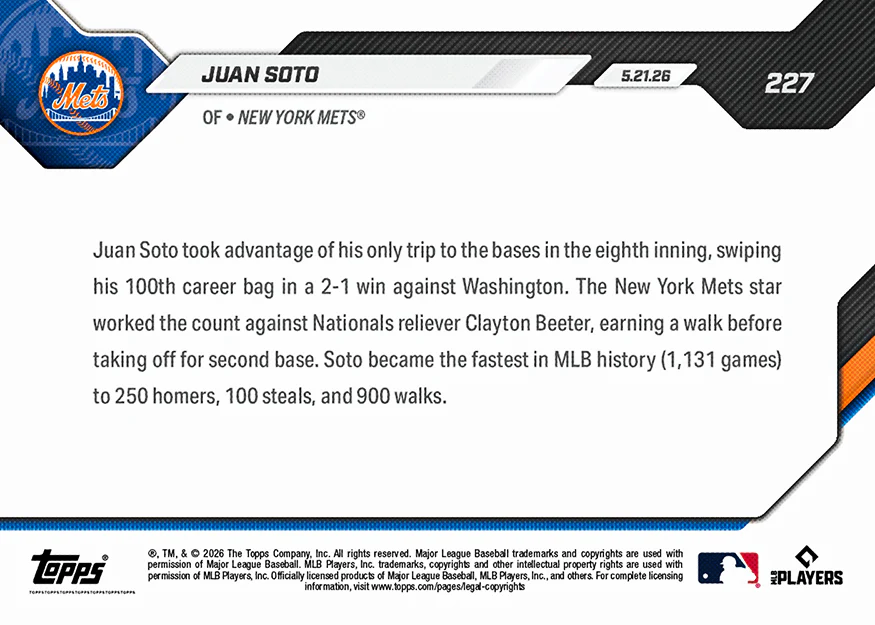 Juan Soto - 2026 MLB Topps NOW® - Card 227 - PR: 915