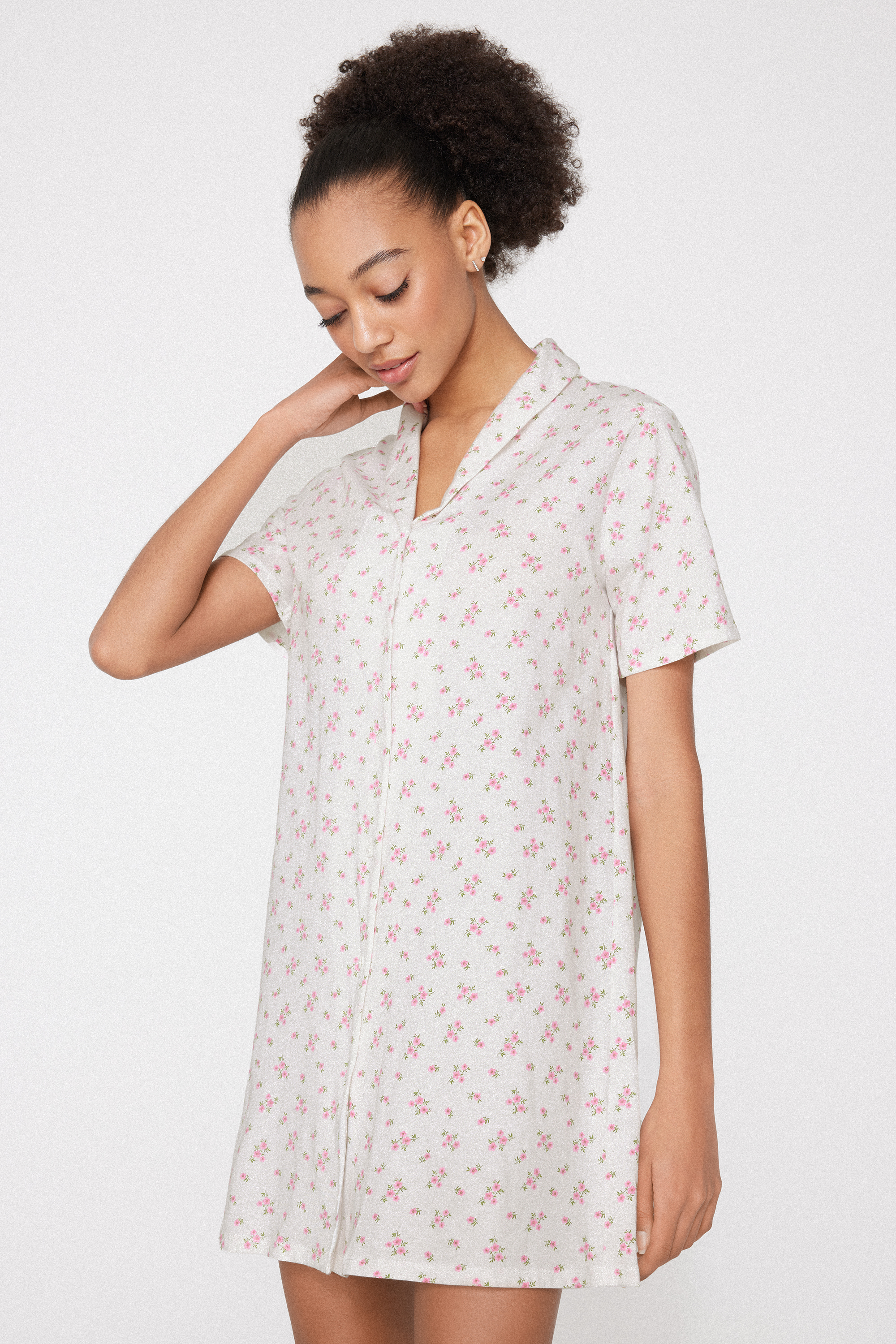 Button-Front Cotton Nightgown with Micro Flower Print