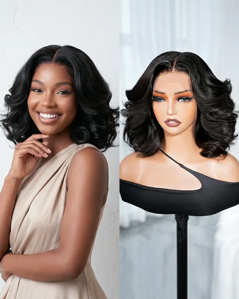 Ophirawig 13x4 Frontal Lace Loose Wave Bob Wig Pre-cut Lace Natural Black Beginner Friendly
