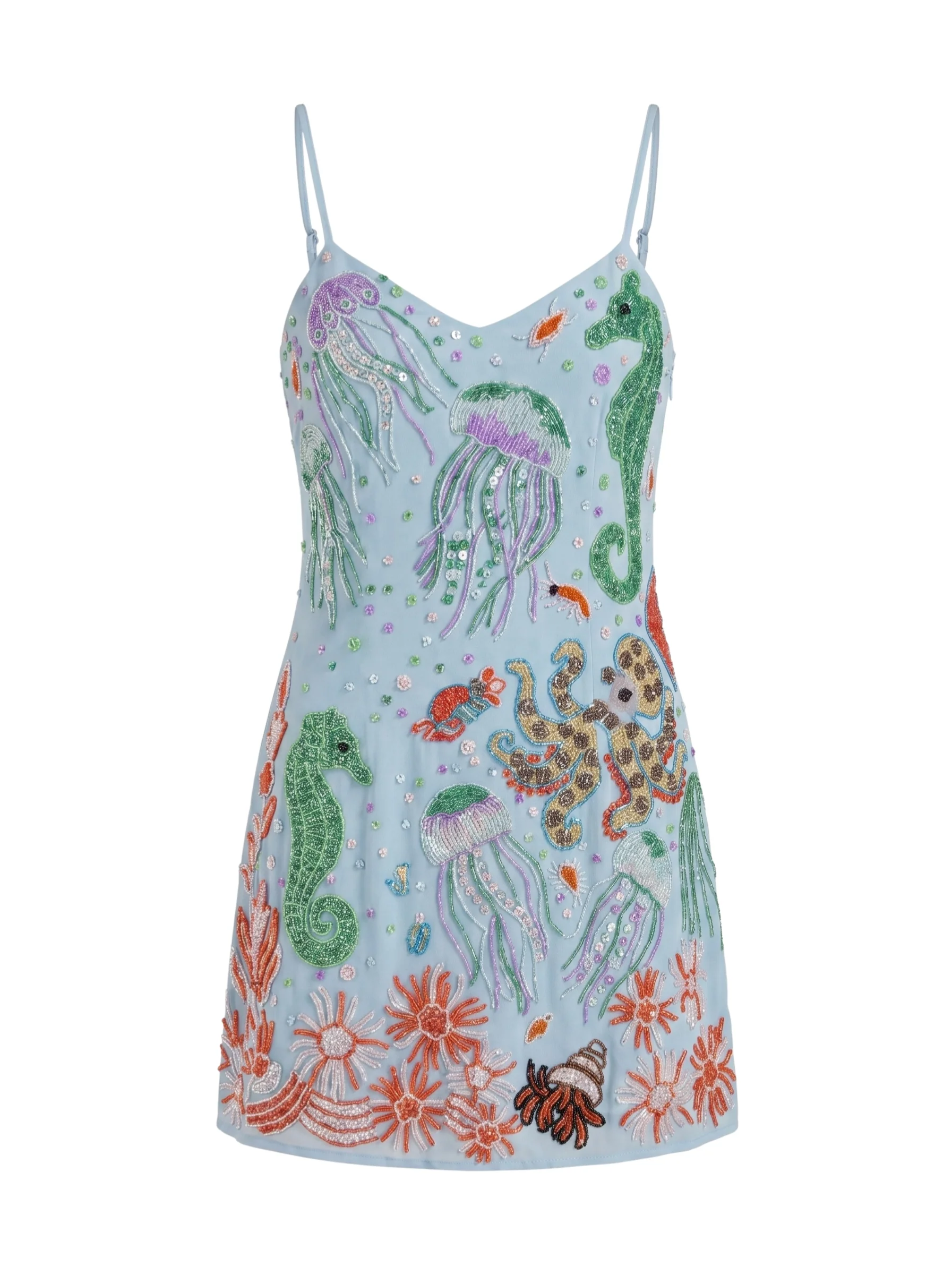 Marine Dream Light Blue Hand-Embroidery Mini Dress