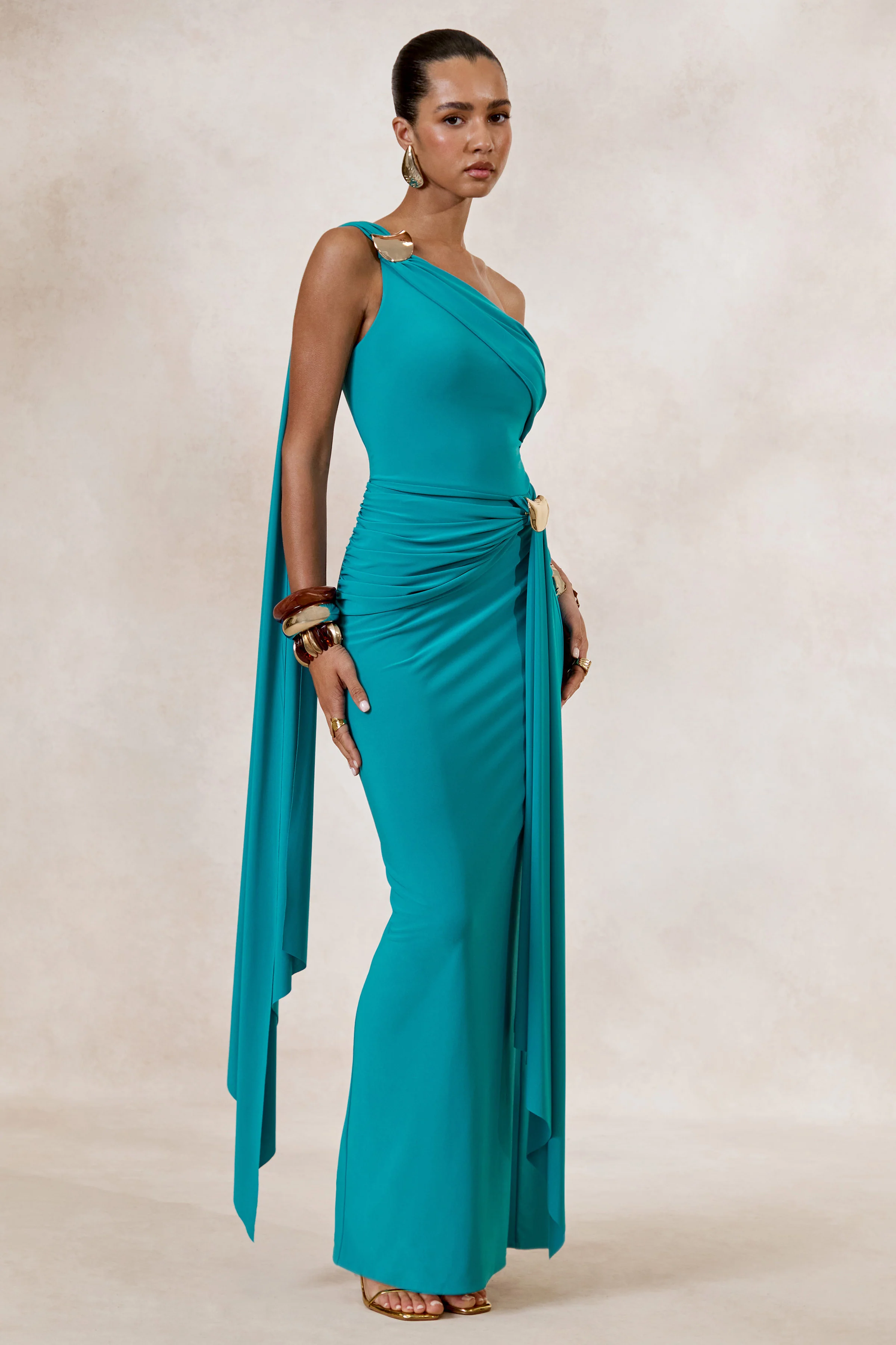 Sariah | Teal Asymmetric-Neck Maxi Dress With Gathered Detailing And Gold Details
