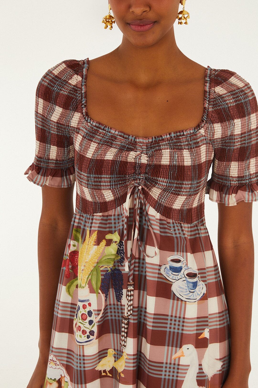 Brown Country Table Tartan Smocked Maxi Dress