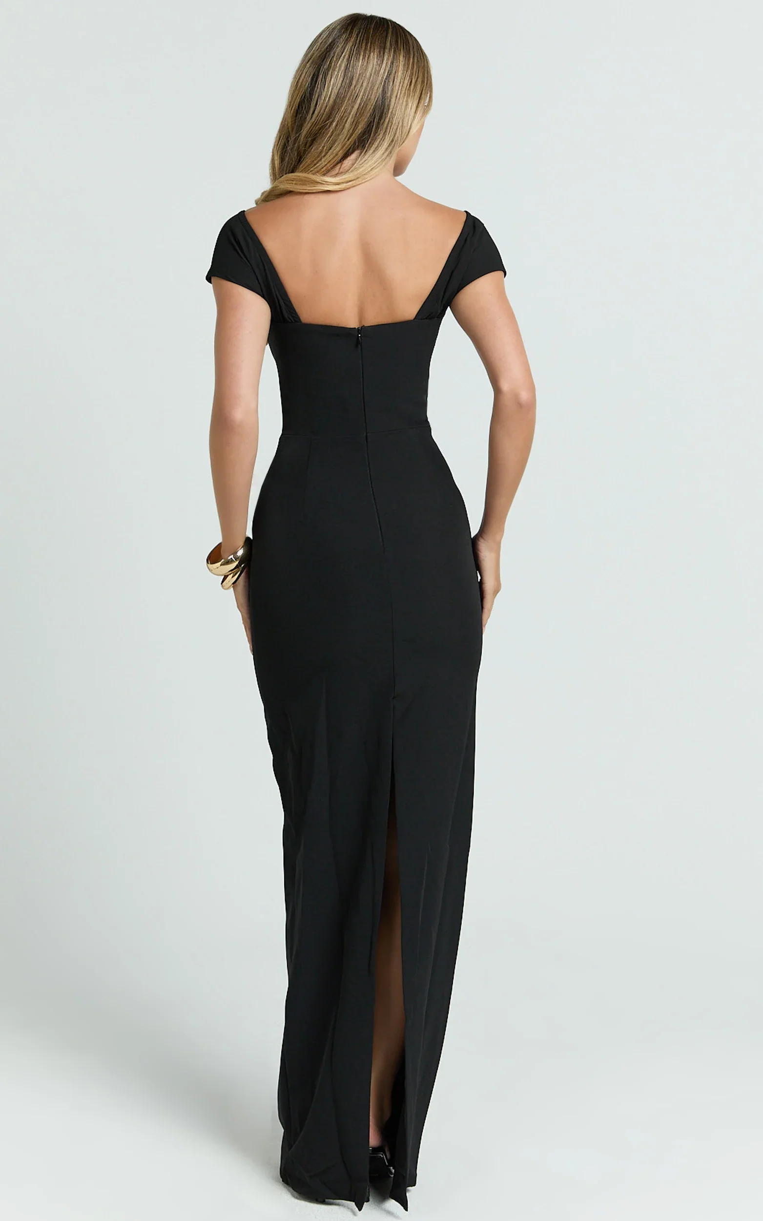 Veronika Maxi Dress - Off Shoulder Plunge High Split Dress in Black