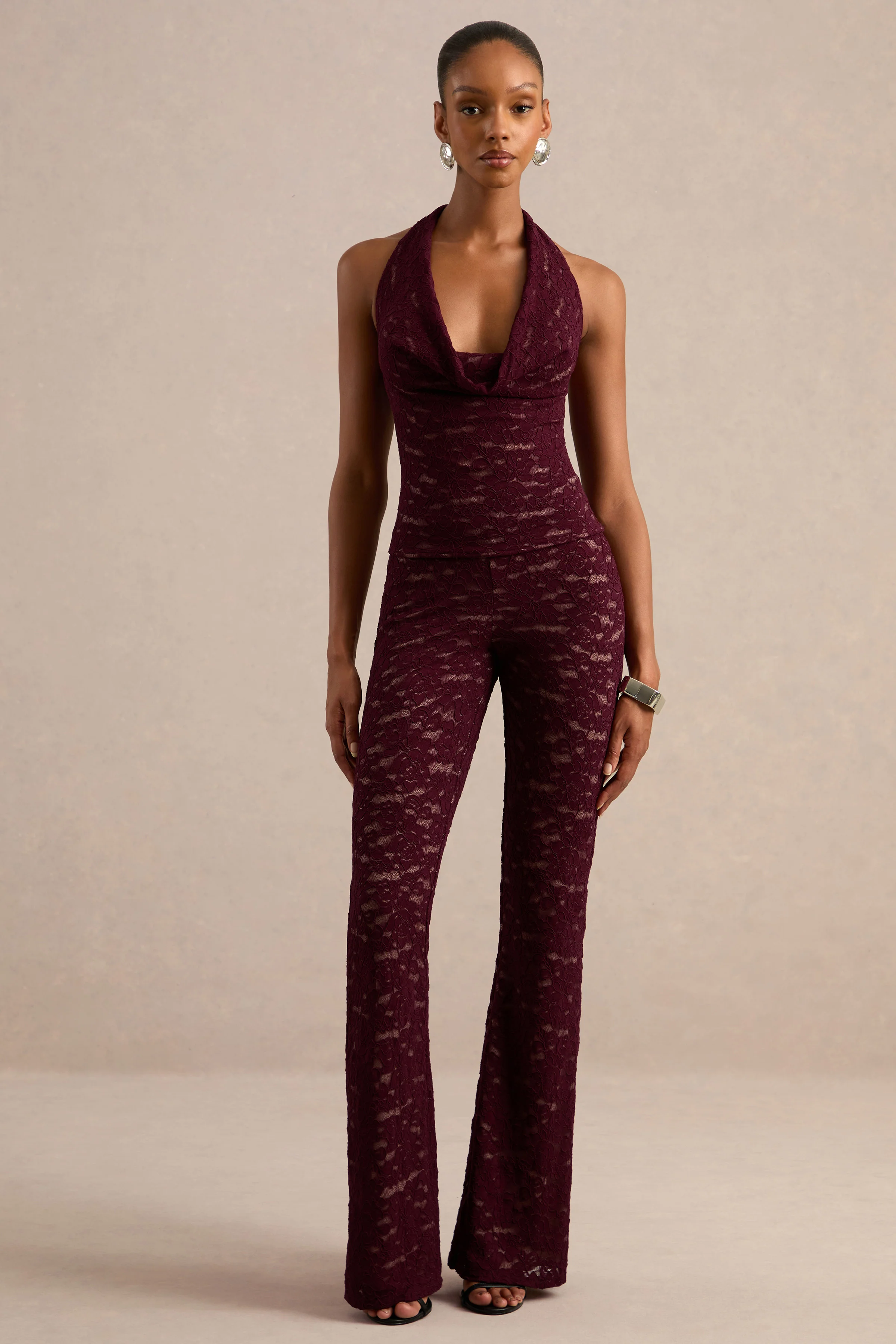Primella | Burgundy Lace Mid Rise Trousers With Tailoring