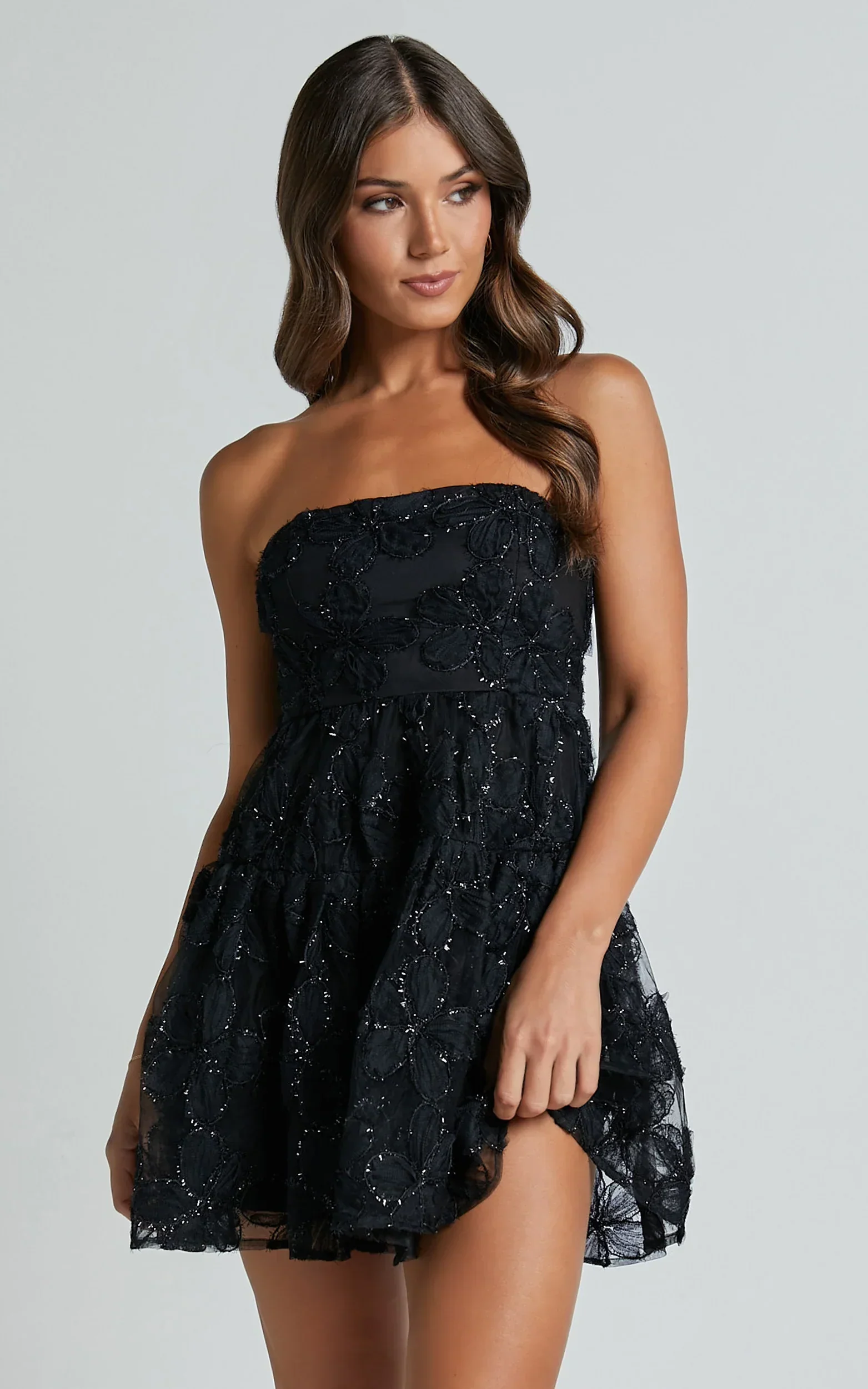 Marzy Mini Dress Strapless Floral Detail Lace Fit and Flare Dress in Black