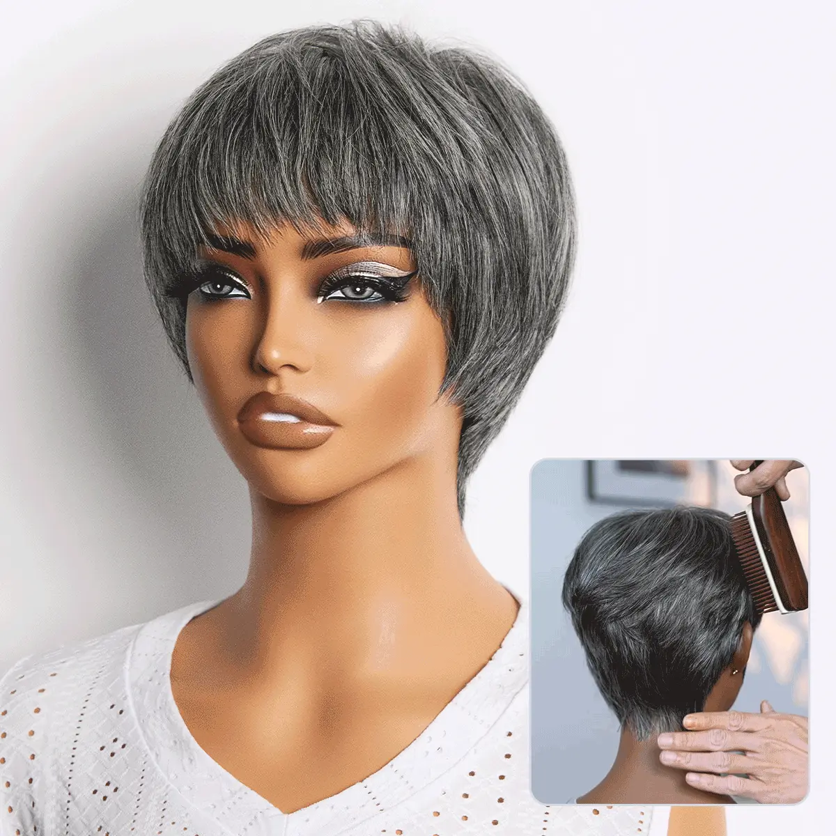 Salt & Pepper 100% Human Hair Short Pixie Cut Glueless Wig with Bangs Ultra Comfort Skin-Like Soft Care Hair Loss Friendly