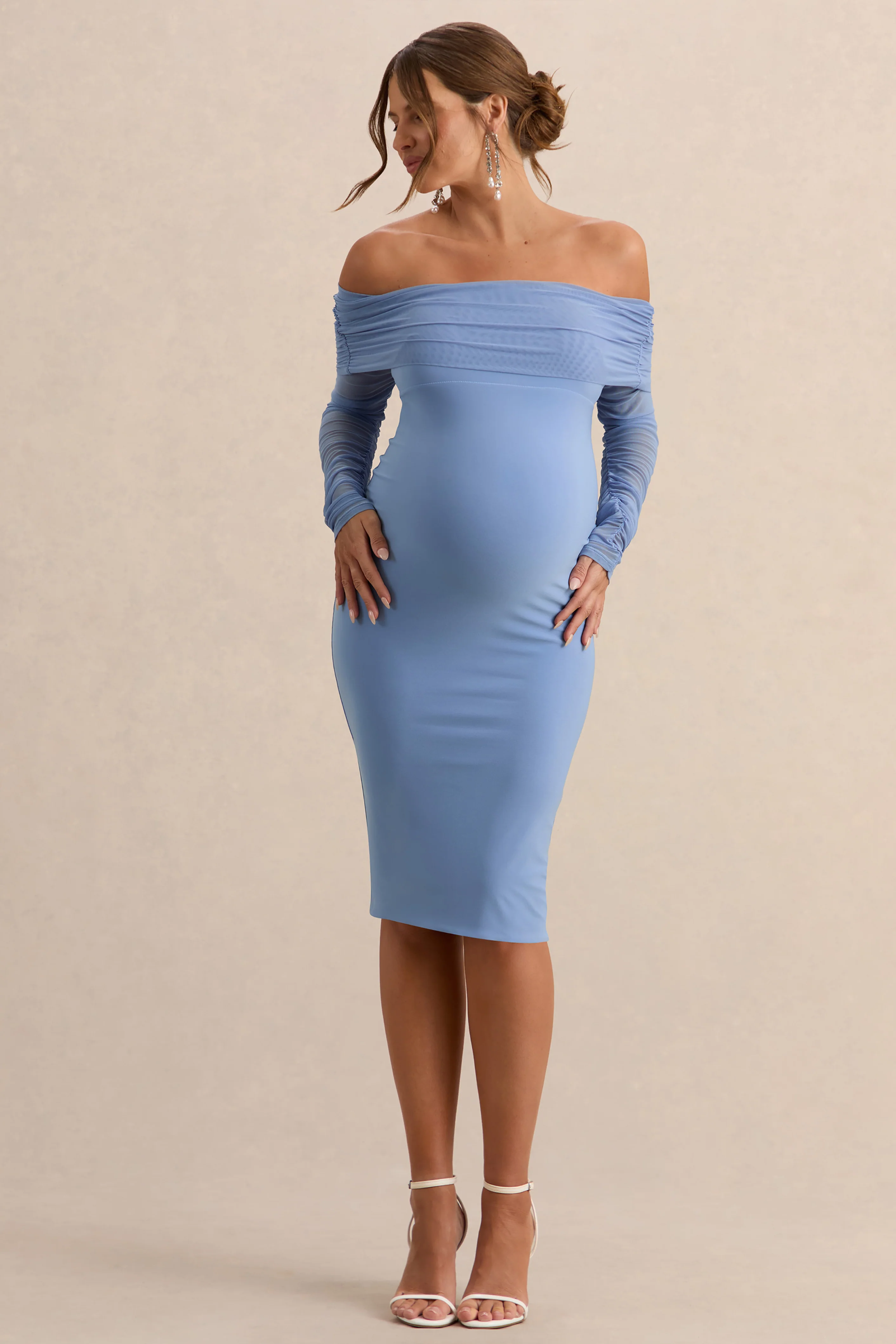 Patiently Waiting | Powder Blue Maternity Ruched Mesh Bardot Midi Dress