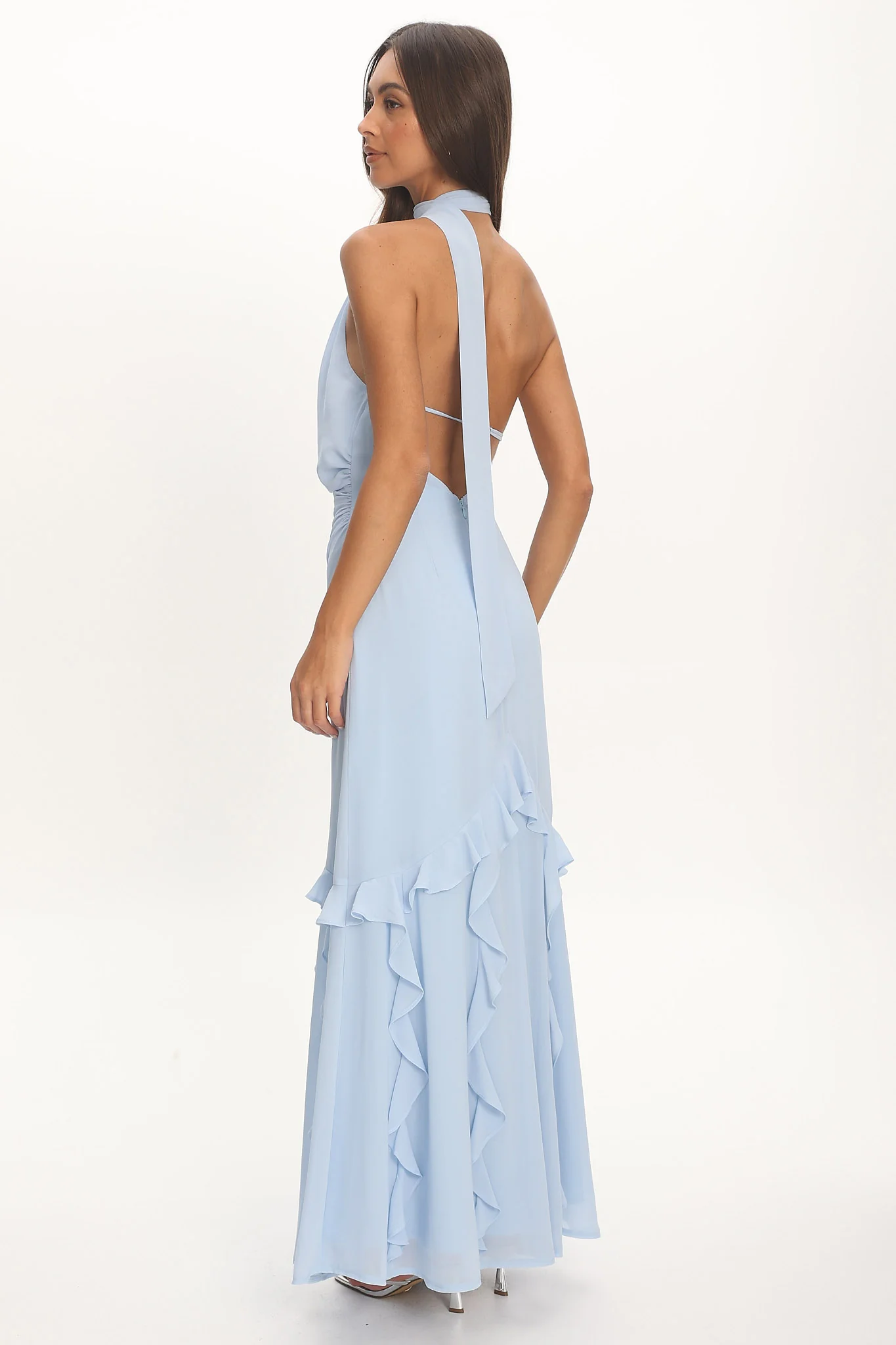 Lorielle One-Shoulder Ruffle Trim Maxi Dress Blue