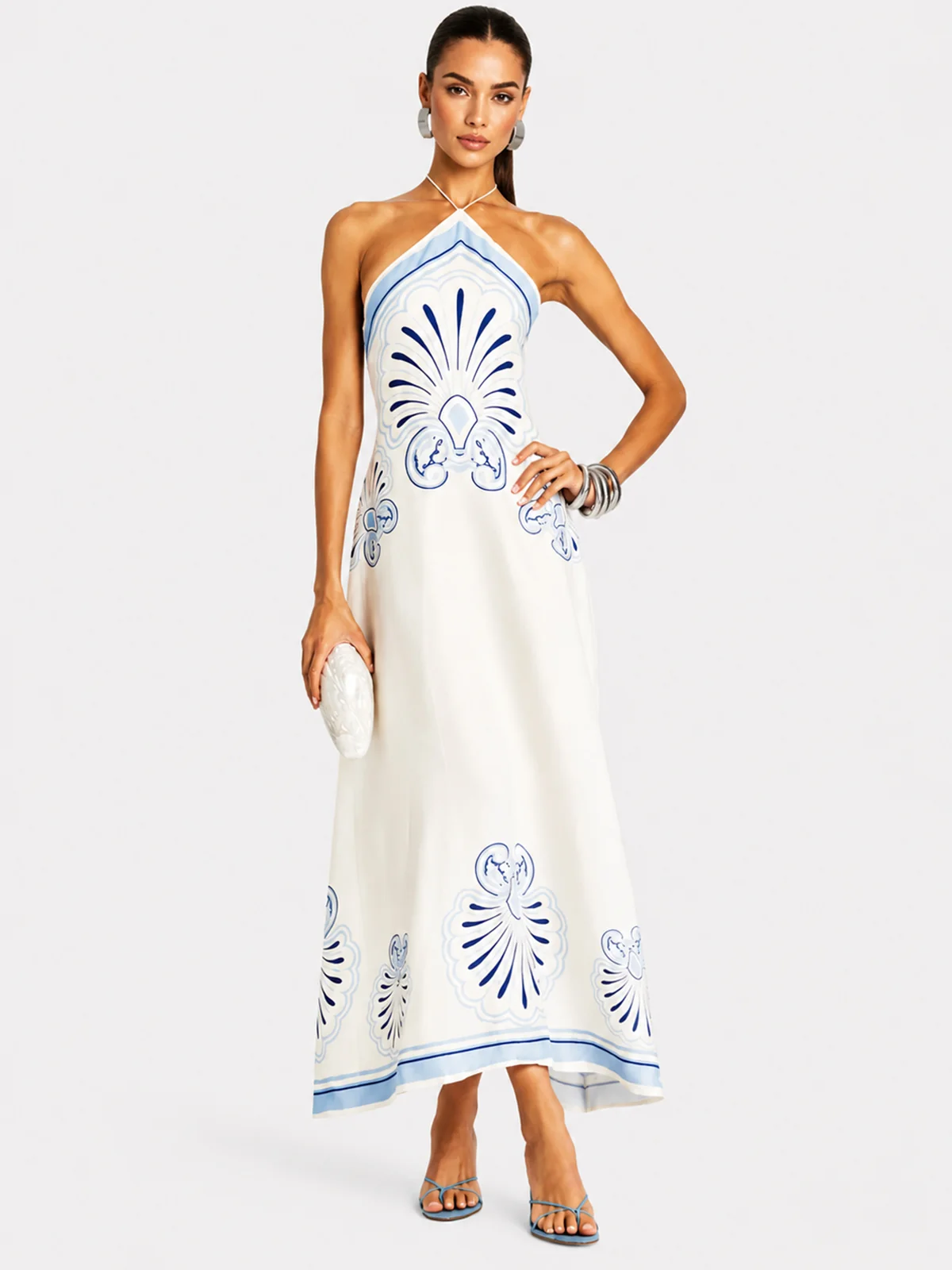 Cobalt Petal Linen Halter Maxi Dress