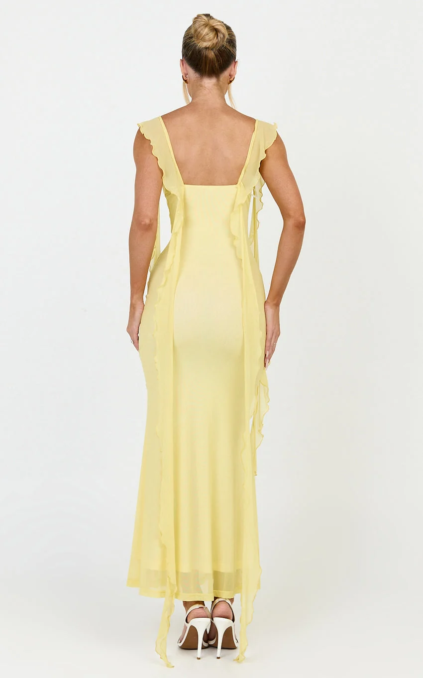 Rosha Midi Dress - Ruffle Strap Dress in Butter