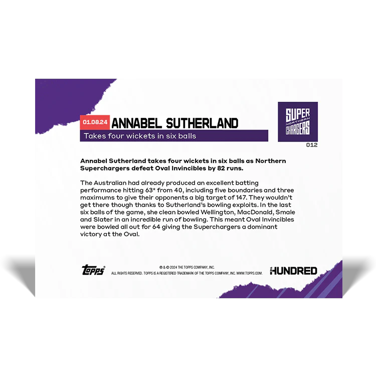 Annabel Sutherland - Takes four wickets in six balls - 2024 The Hundred TOPPS NOW® Card 12