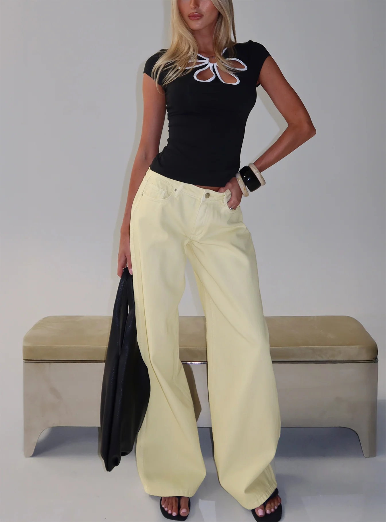 Ramos Low Rise Wide Leg Denim Jeans Butter Lemon