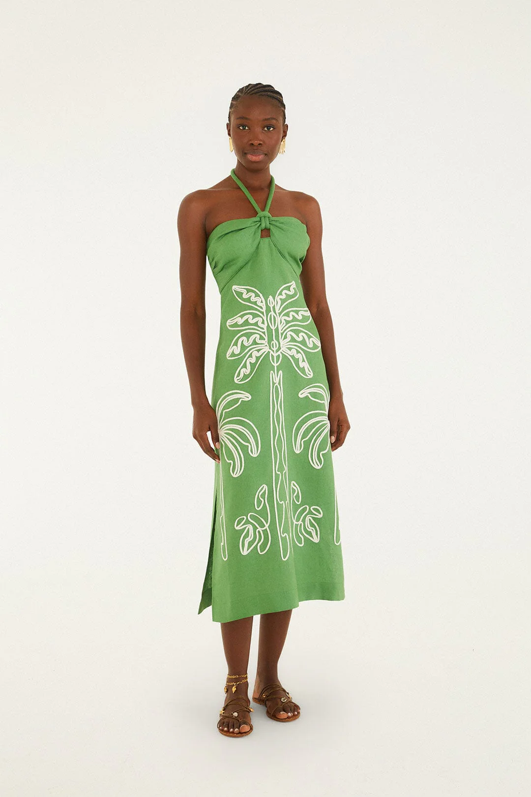 Green Palm Tree Embroidered Halter Neck Midi Dress