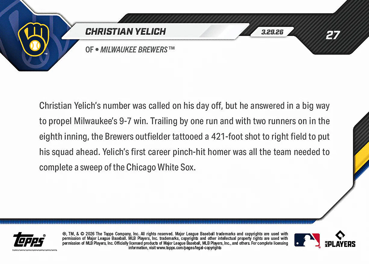 Christian Yelich - 2026 MLB Topps NOW® - Card 27 - PR: 908