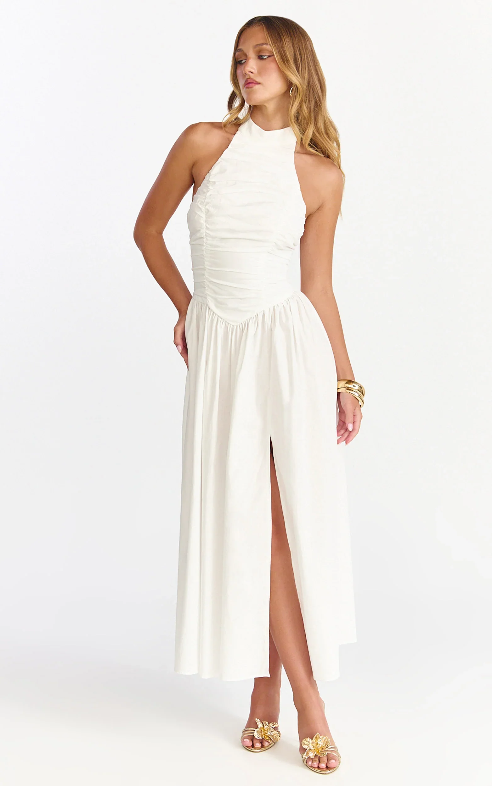 Anya Midi Dress - Halter Neck Ruched Drop Waist Dress in White