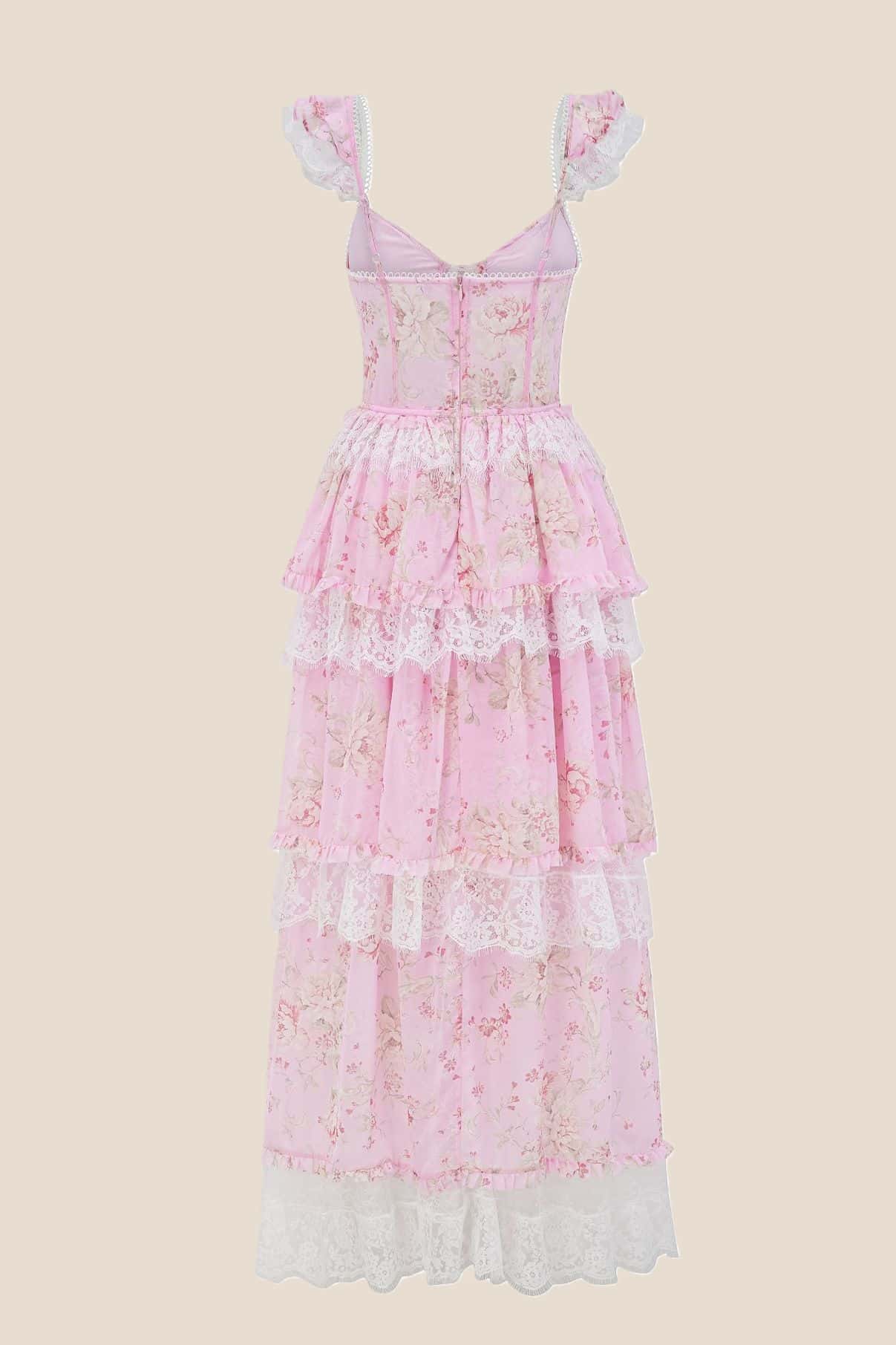 Pink Floral Lace Ruffle Straps Tiered Dress