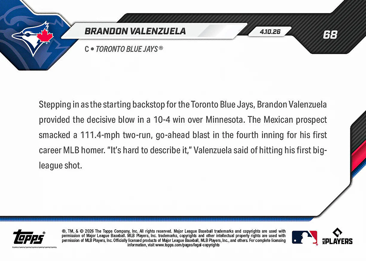 Brandon Valenzuela - 2026 MLB Topps NOW® - Card 68 - PR: 899