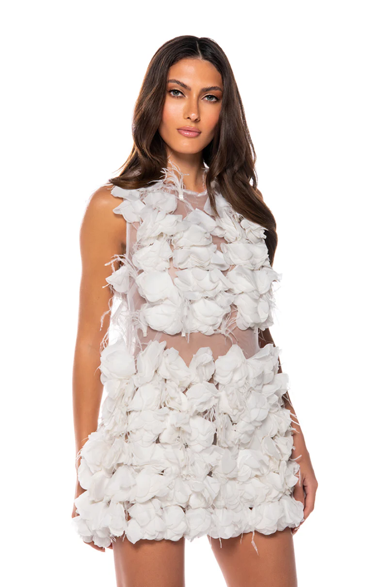 Lucinda Feathered Flowers Mini Dress