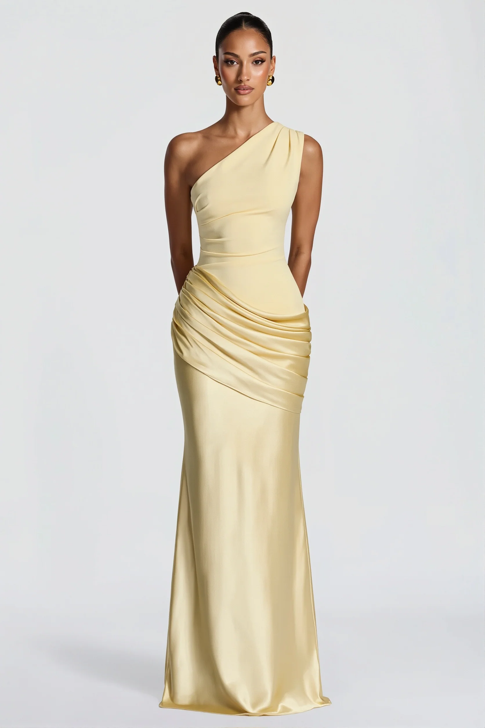 Satin Splice Ruched Slim Maxi Dress