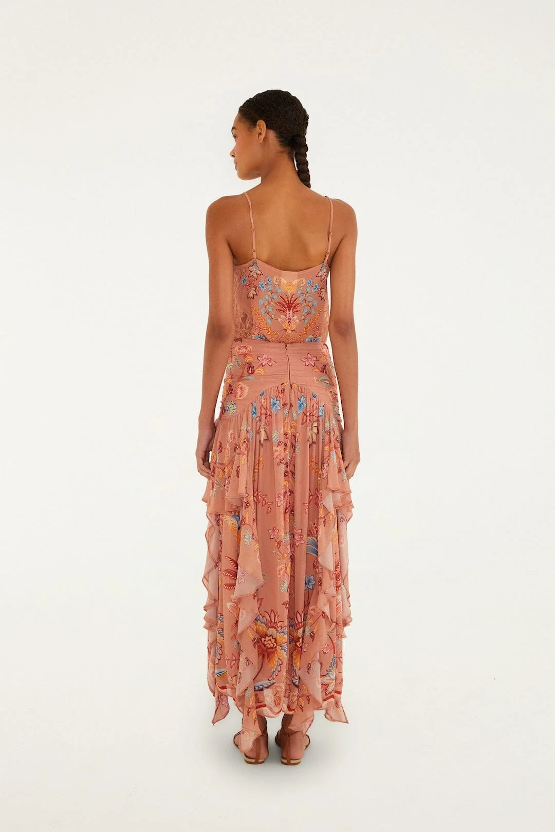 Mocha Boho Enhance Ruched Ruffled Maxi  Skirt
