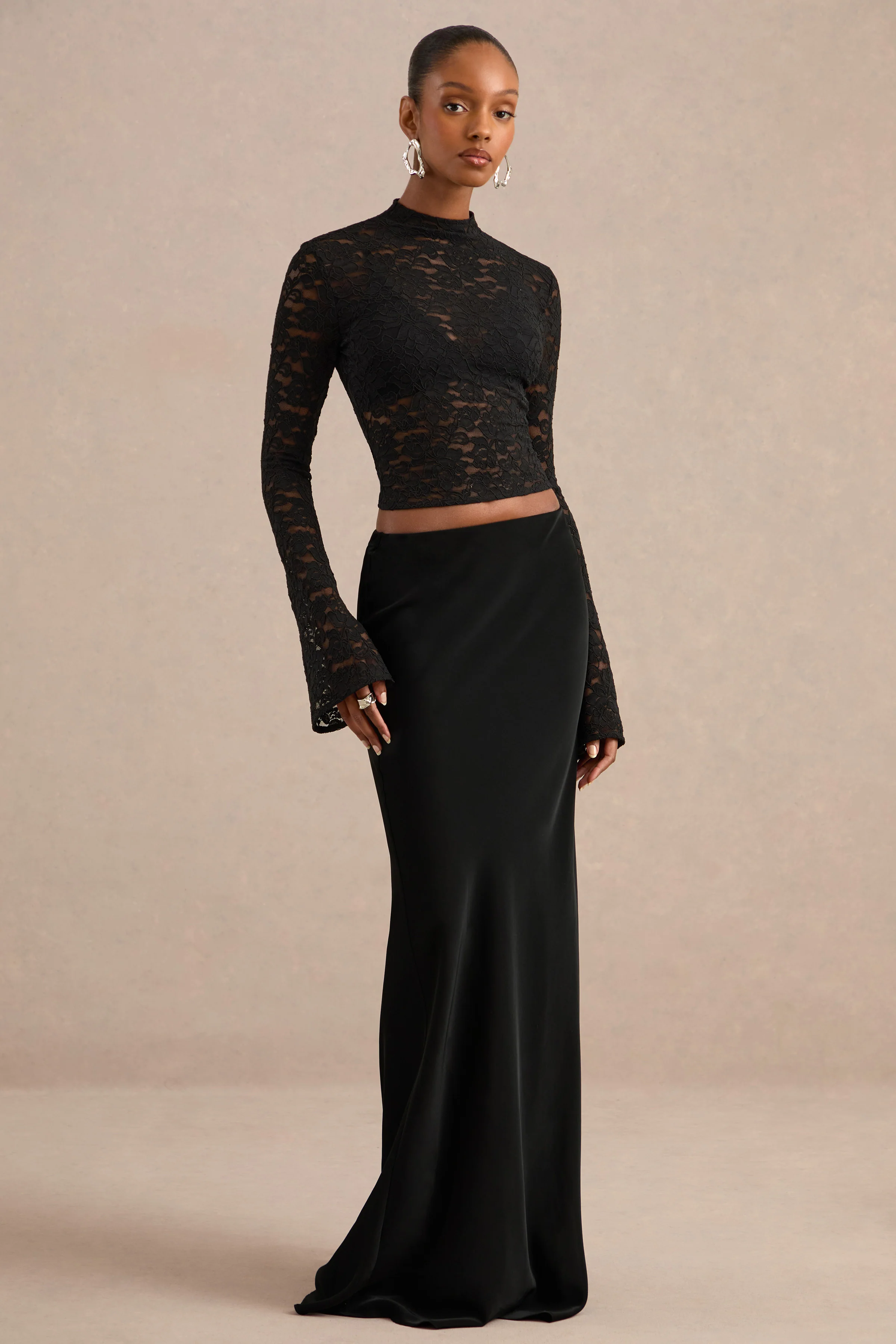 Maline | Black Lace High Neck Bell Sleeve Top With Sheer Detail