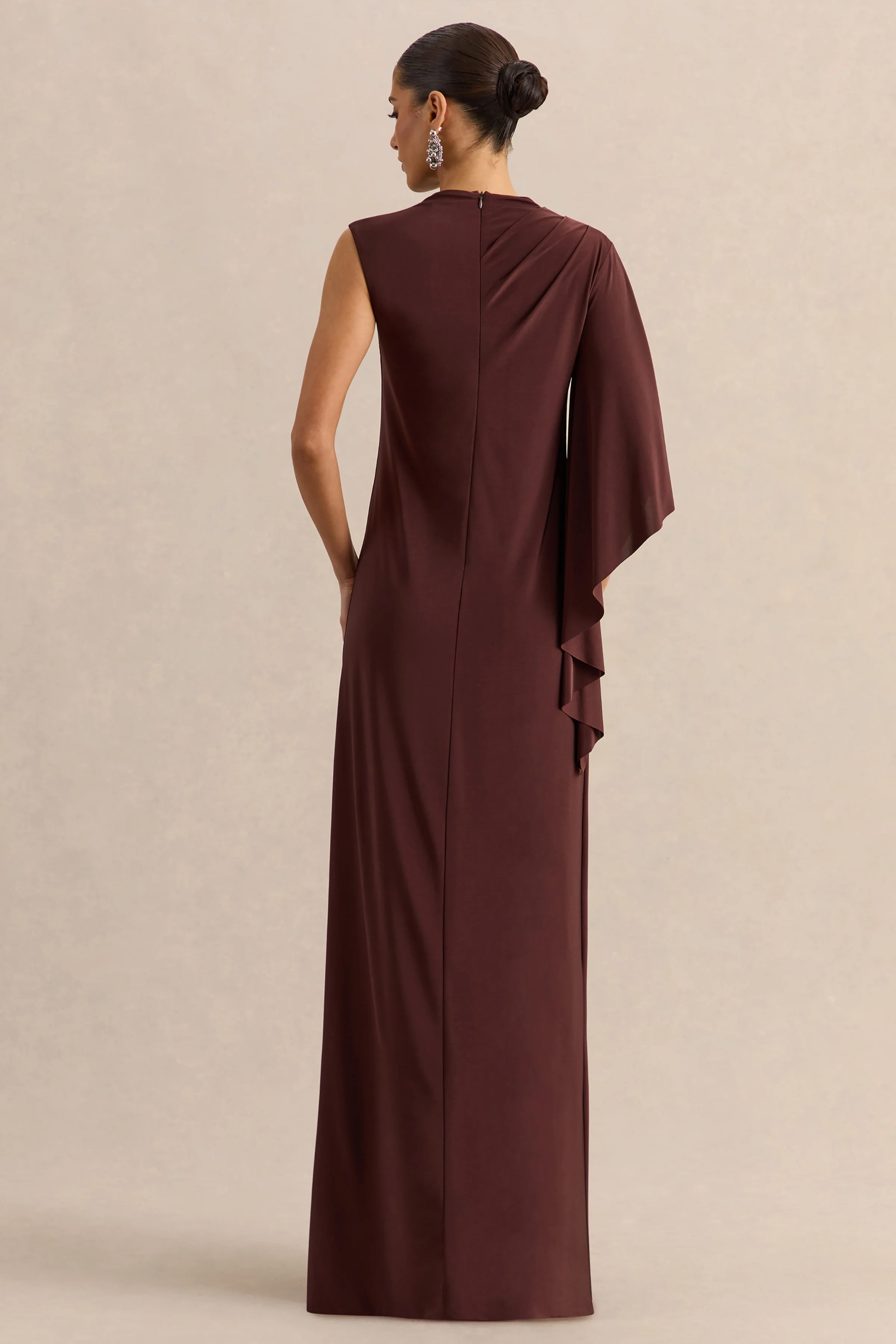 Marosia | Brown High-Neck Maxi Dress With Cape Sleeve