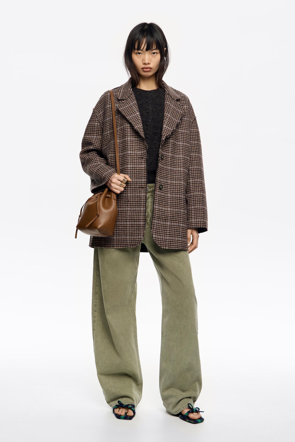 Brown checked double-face raw finish coat