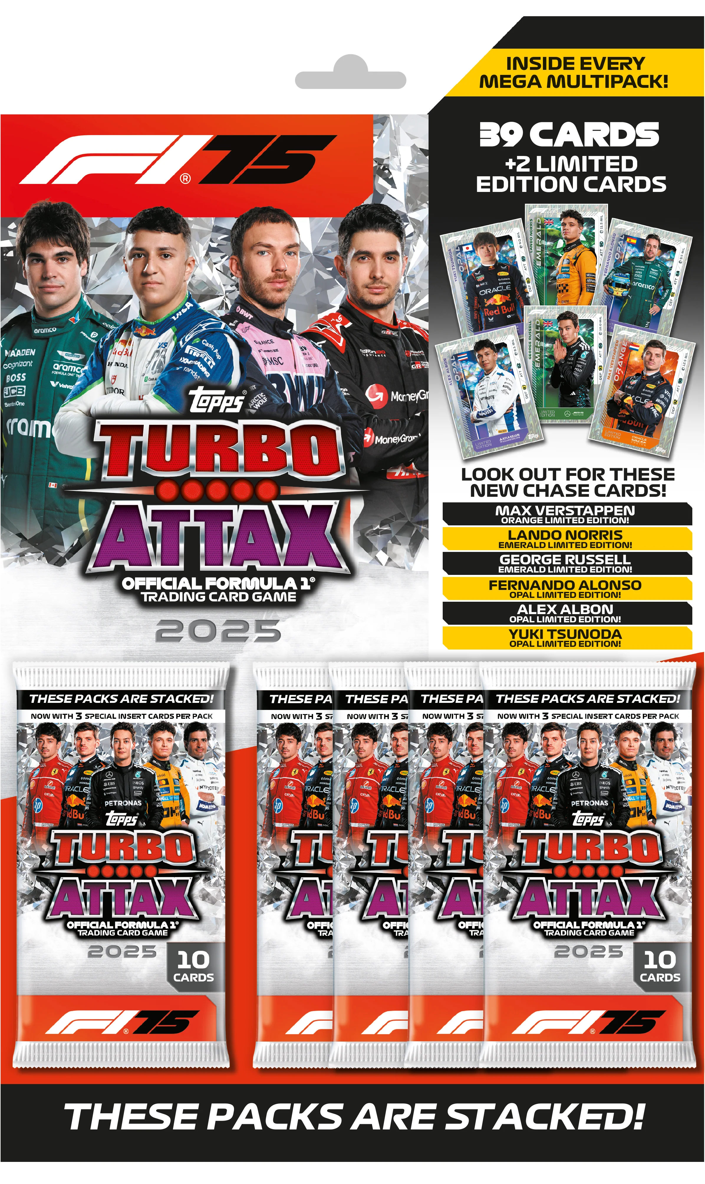 Topps Turbo Attax Formula 1® 2025 - Mega Multipack - contains 39 Turbo Attax cards plus 2 random Limited Edition cards.