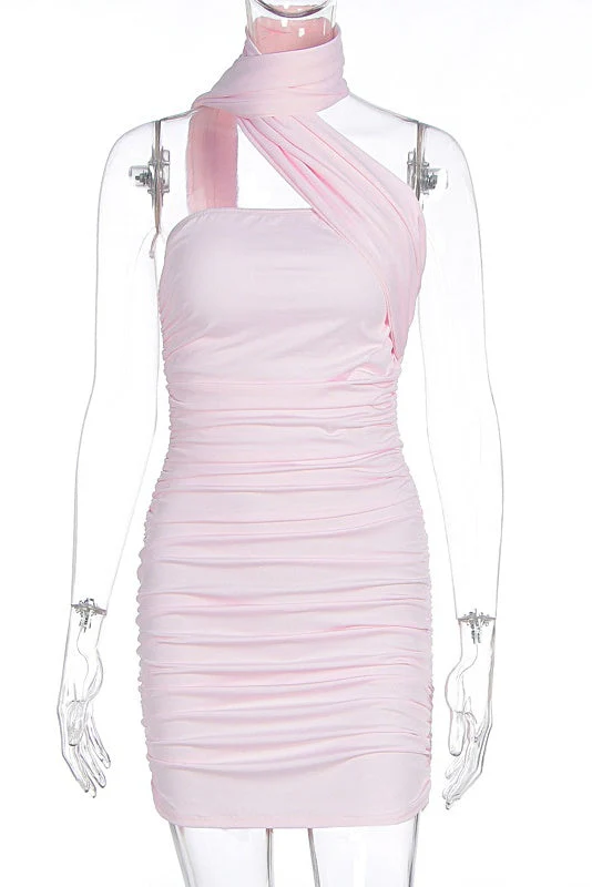 Light Pink One Shoulder Tight Short Dress