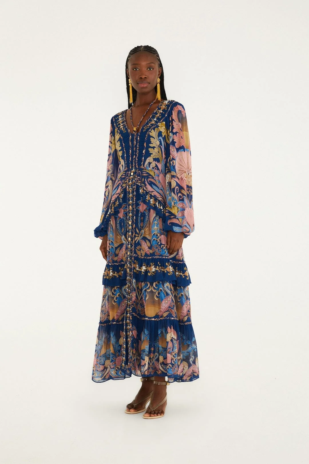 Navy Blue Sea Garden Braid Details Maxi Dress