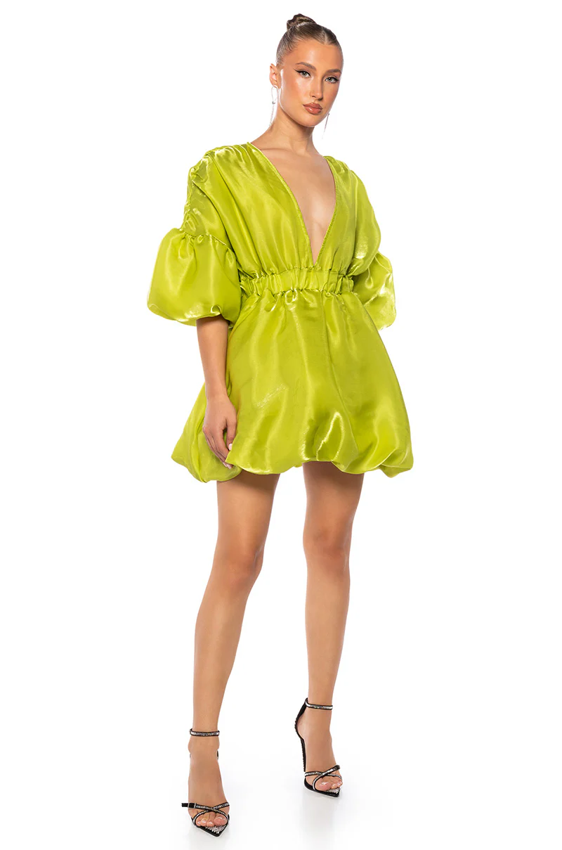 Dixie Balloon Sleeve Mini Dress In Lime