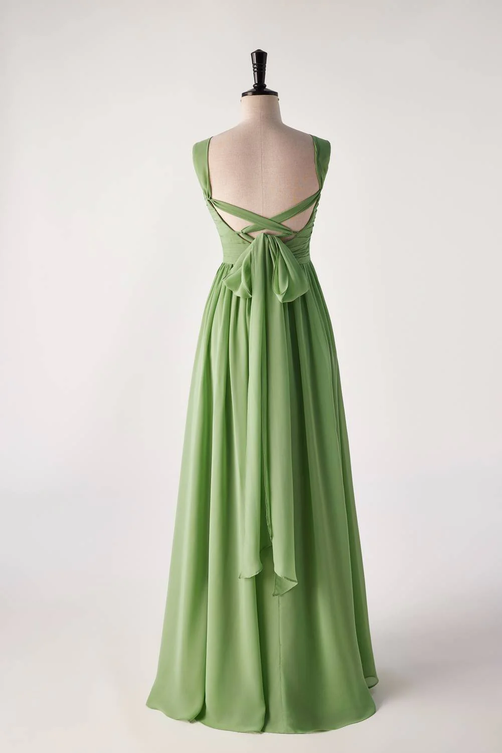 Pleated Halter Matcha Green Chiffon Long Bridesmaid Dress
