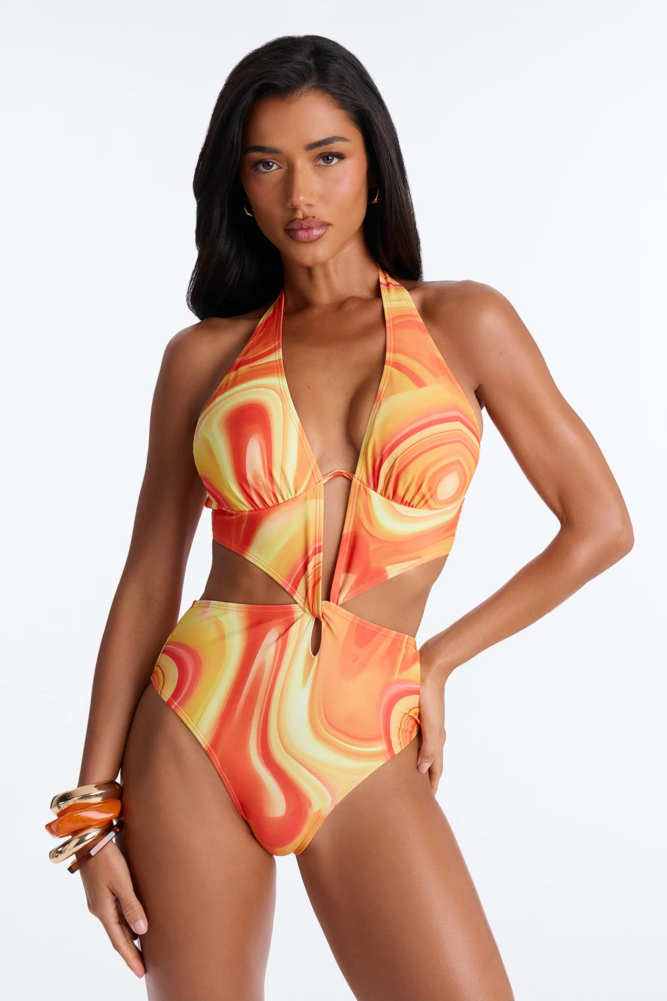 Chasing Sunsets Abstract Underwire Cut Out 1 Piece Swimsuit - Orange/combo