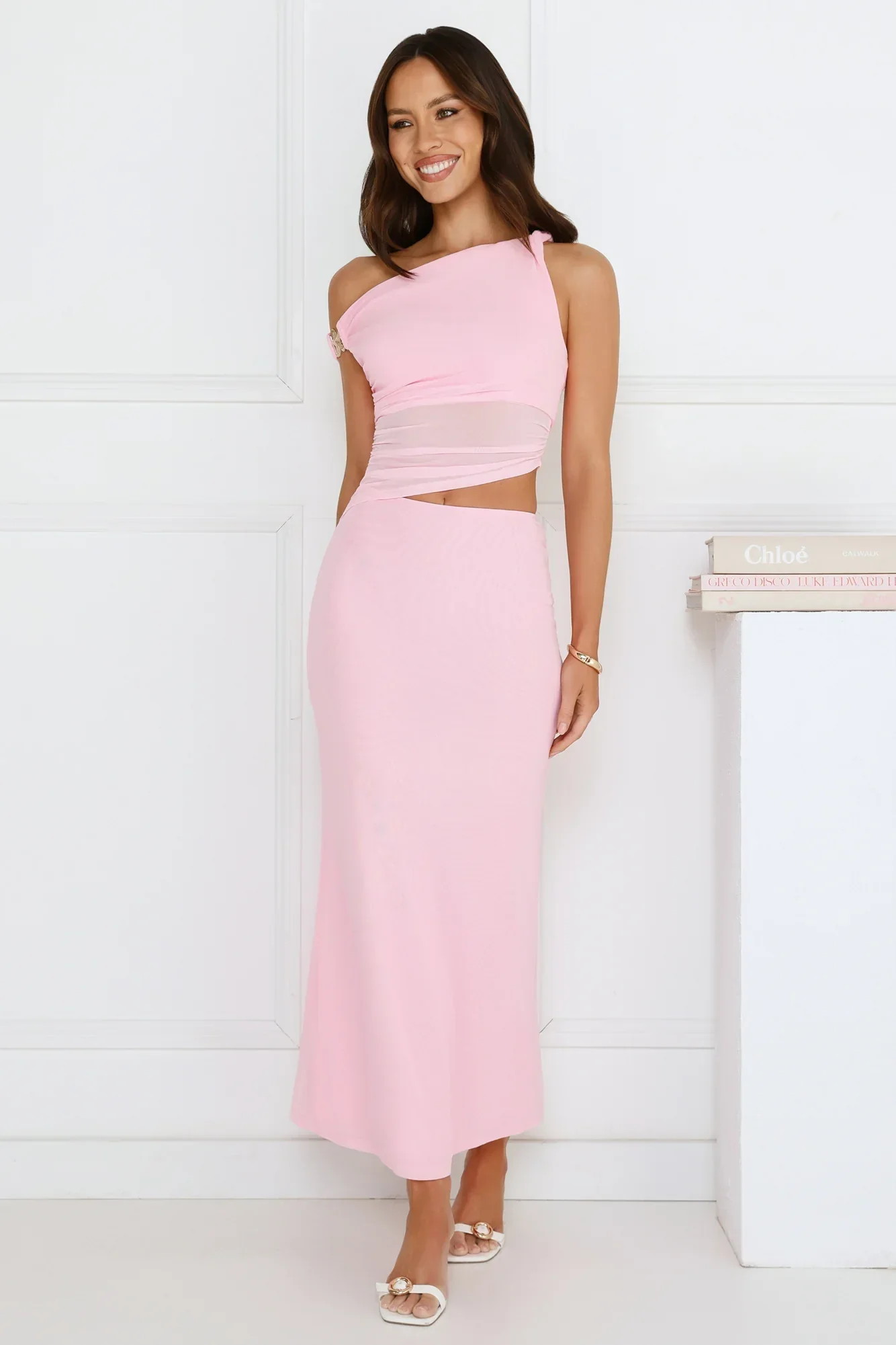 Shimmering Edge Off Shoulder Mesh Maxi Dress Pink