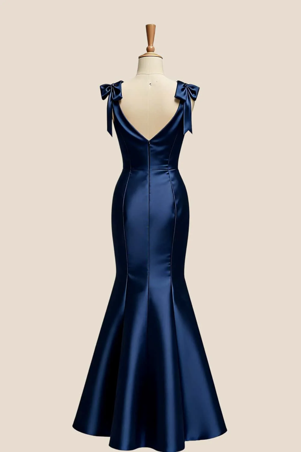 Navy Blue Satin Mermaid Bow Bridesmaid Dress