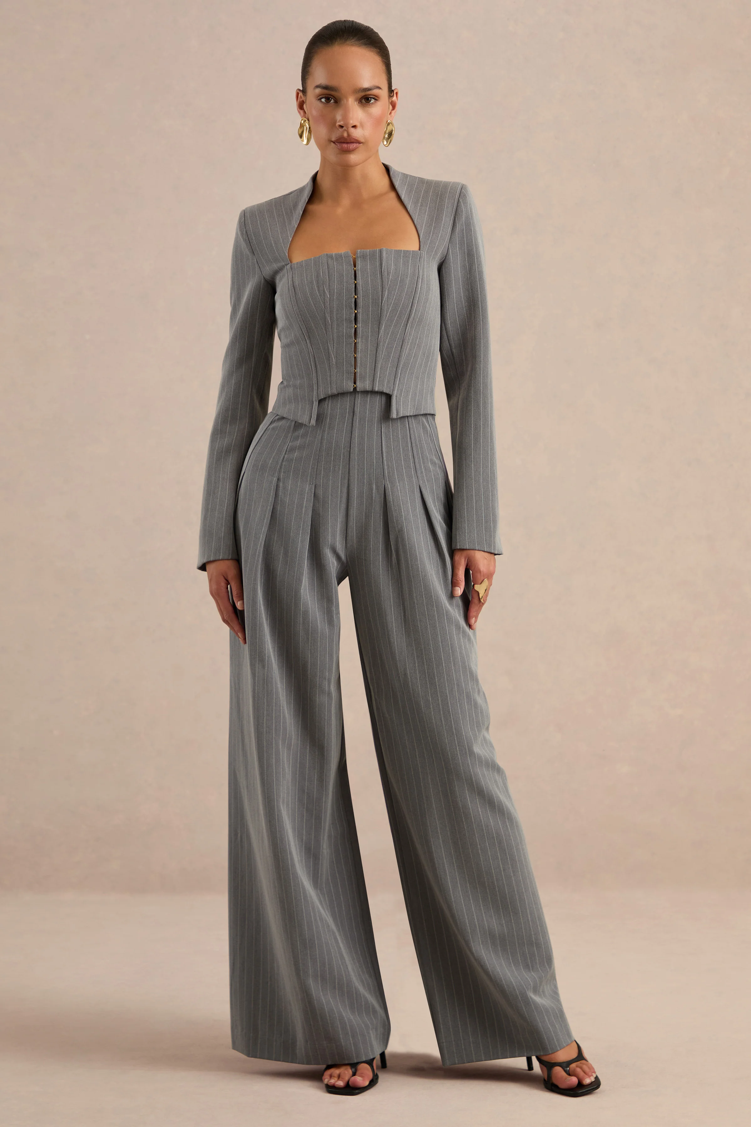 Genara | Grey Pin Stripe High Rise Wide Leg Trousers