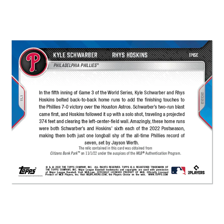 Game-used Base Relic # to 5 - Kyle Schwarber/Rhys Hoskins - 2022 MLB TOPPS NOW® Card 1145E