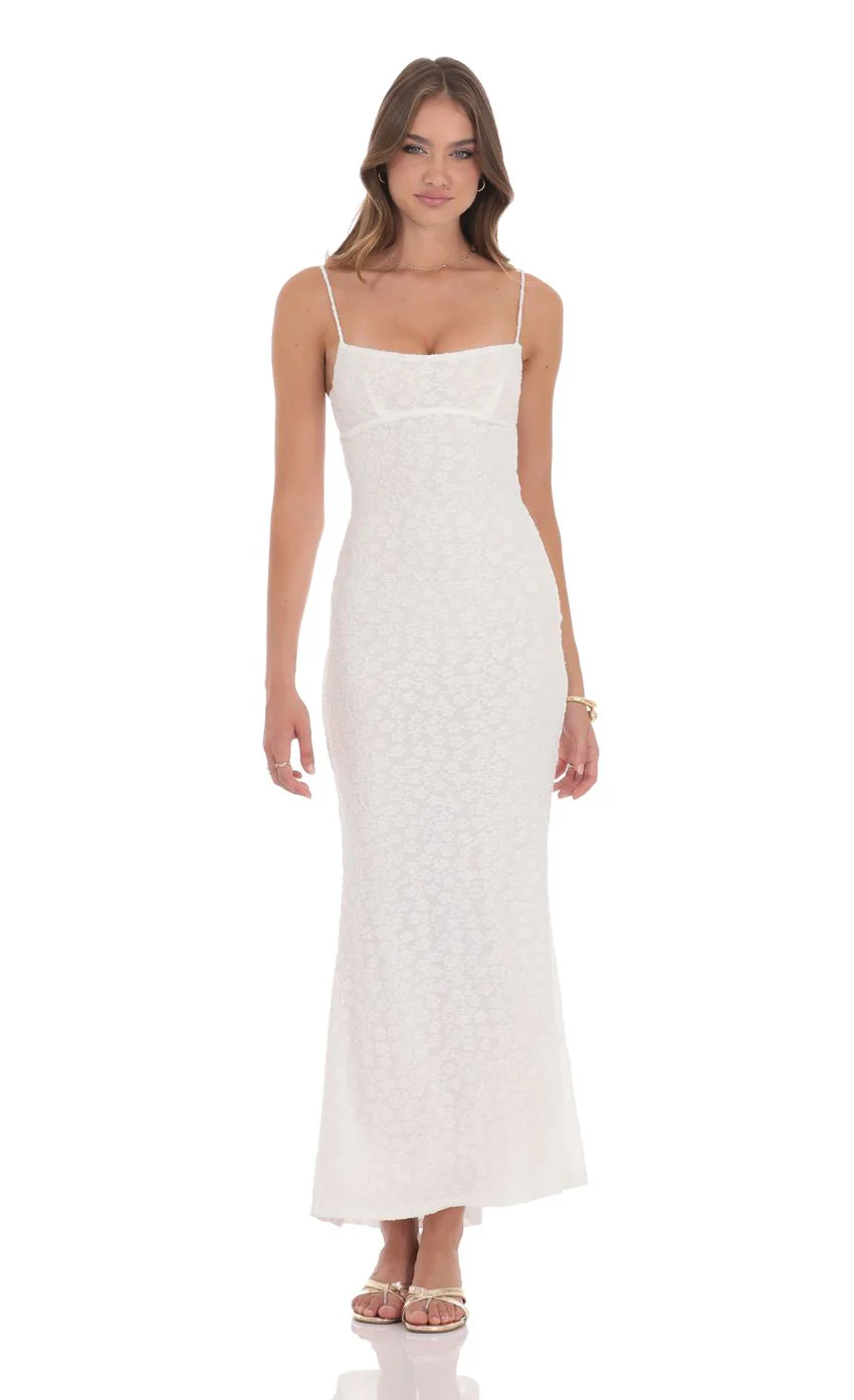 Textured Floral Maxi Dress in White