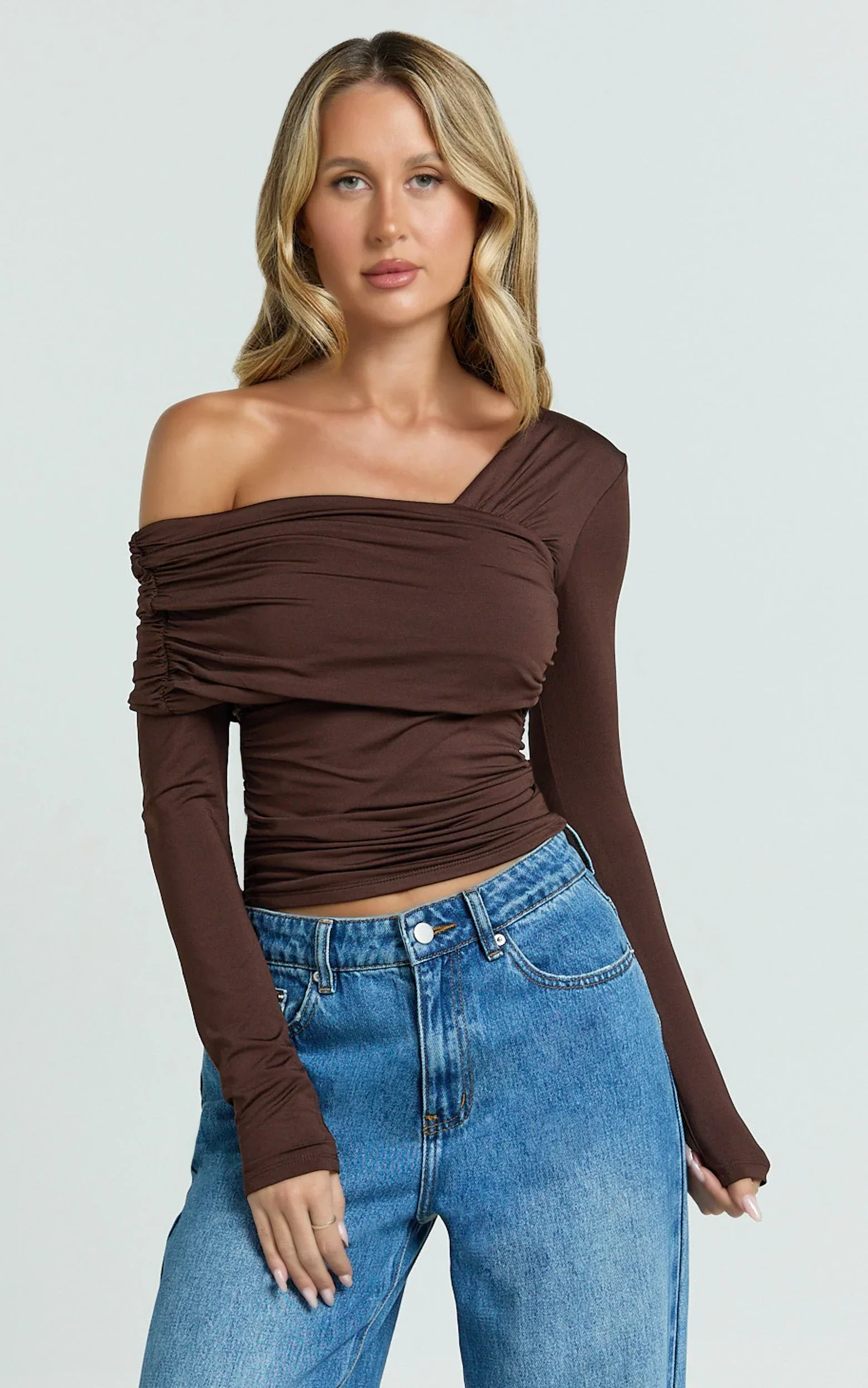 Cate Top - Long Sleeve Asymmetrical Neckline Top in Chocolate