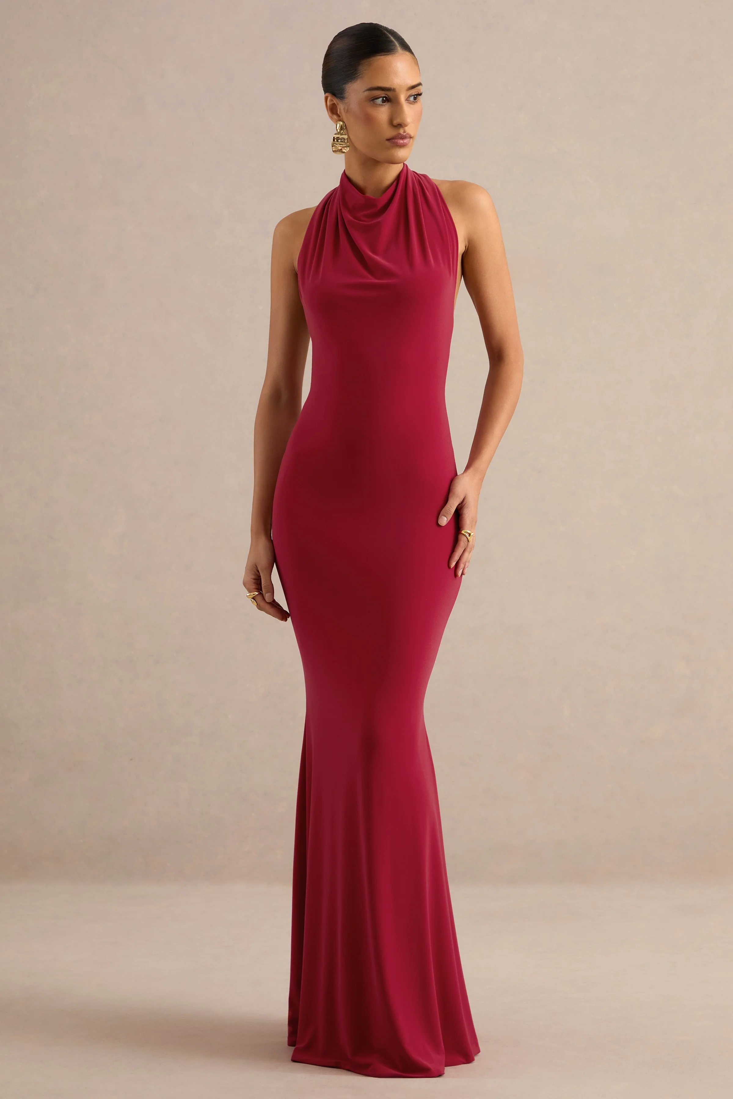 Lyrielle | Red Jersey High Neck Maxi Dress With Ruching And Twist Back Detail
