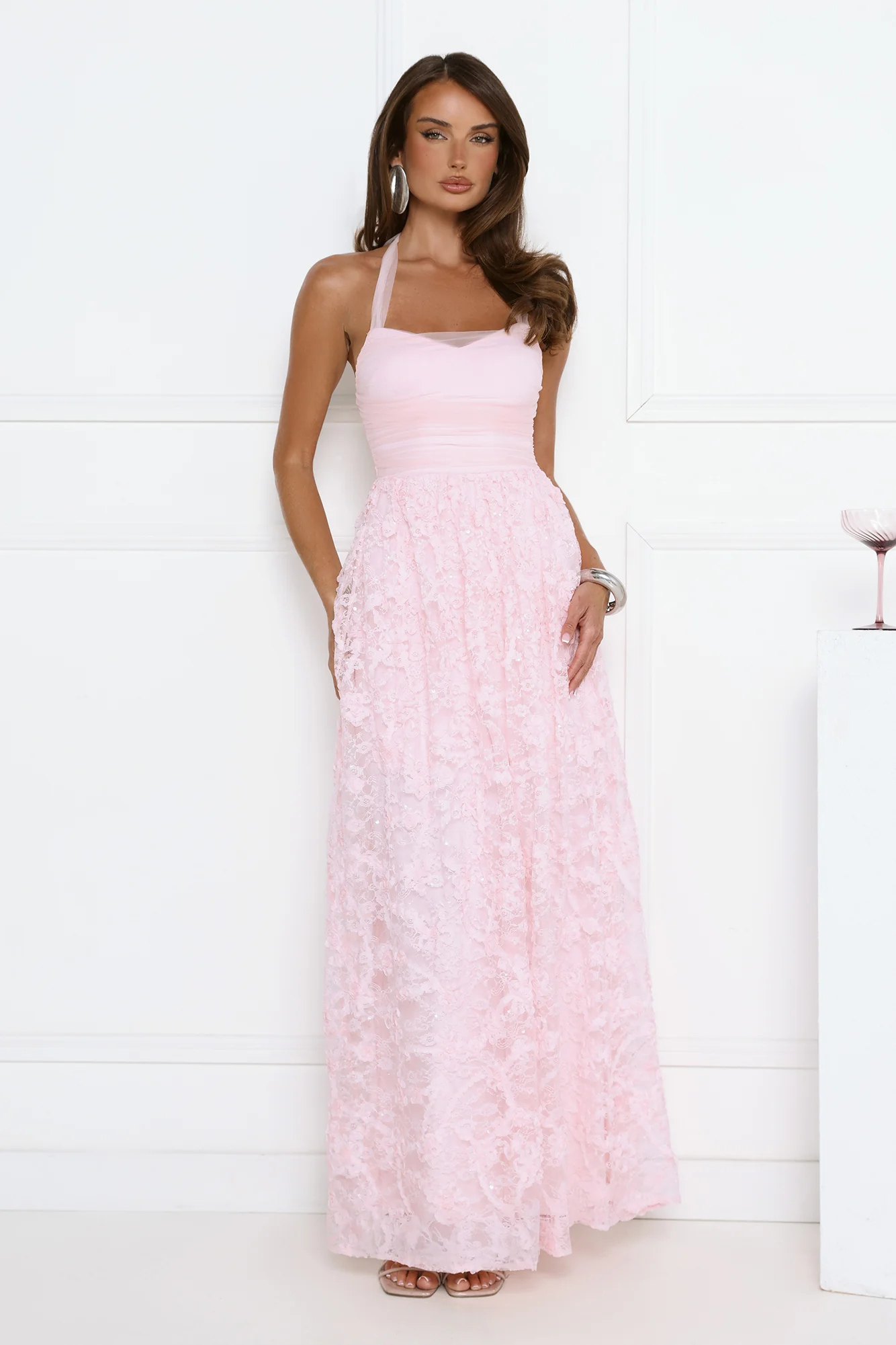Magnetic Luxe Halter Maxi Dress Pink