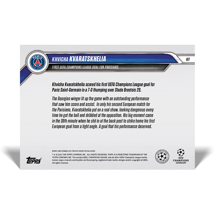 Khvicha Kvaratskhelia - First UEFA Champions League goal for Parisians- 24/25 UCL Topps NOW® Card 107