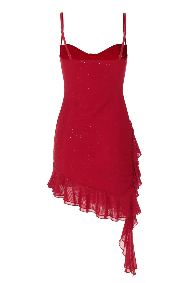 Straps Red Ruffle Hem Short Dress with Sequin