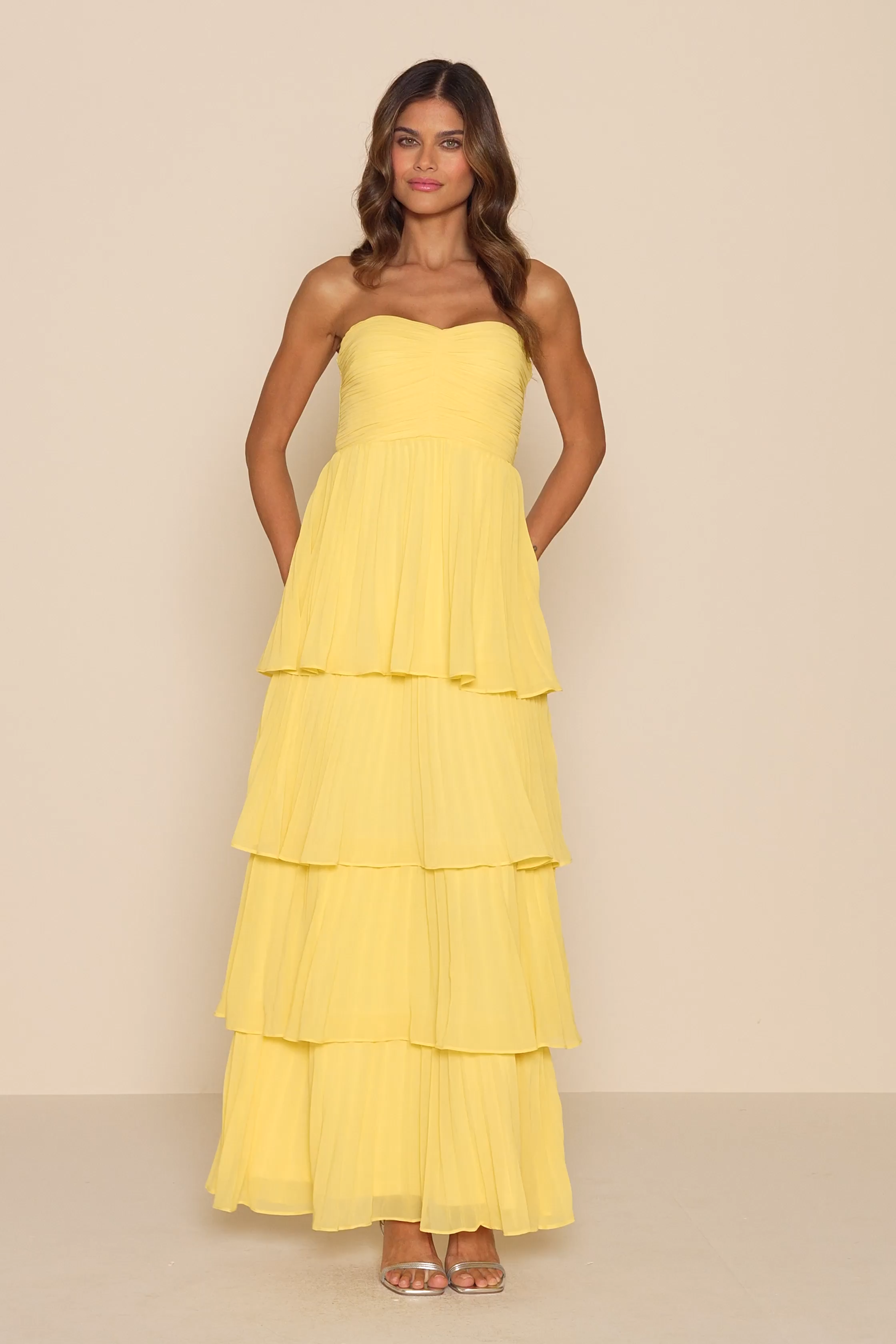 Seriously Sensational Yellow Strapless Tiered Maxi Dress